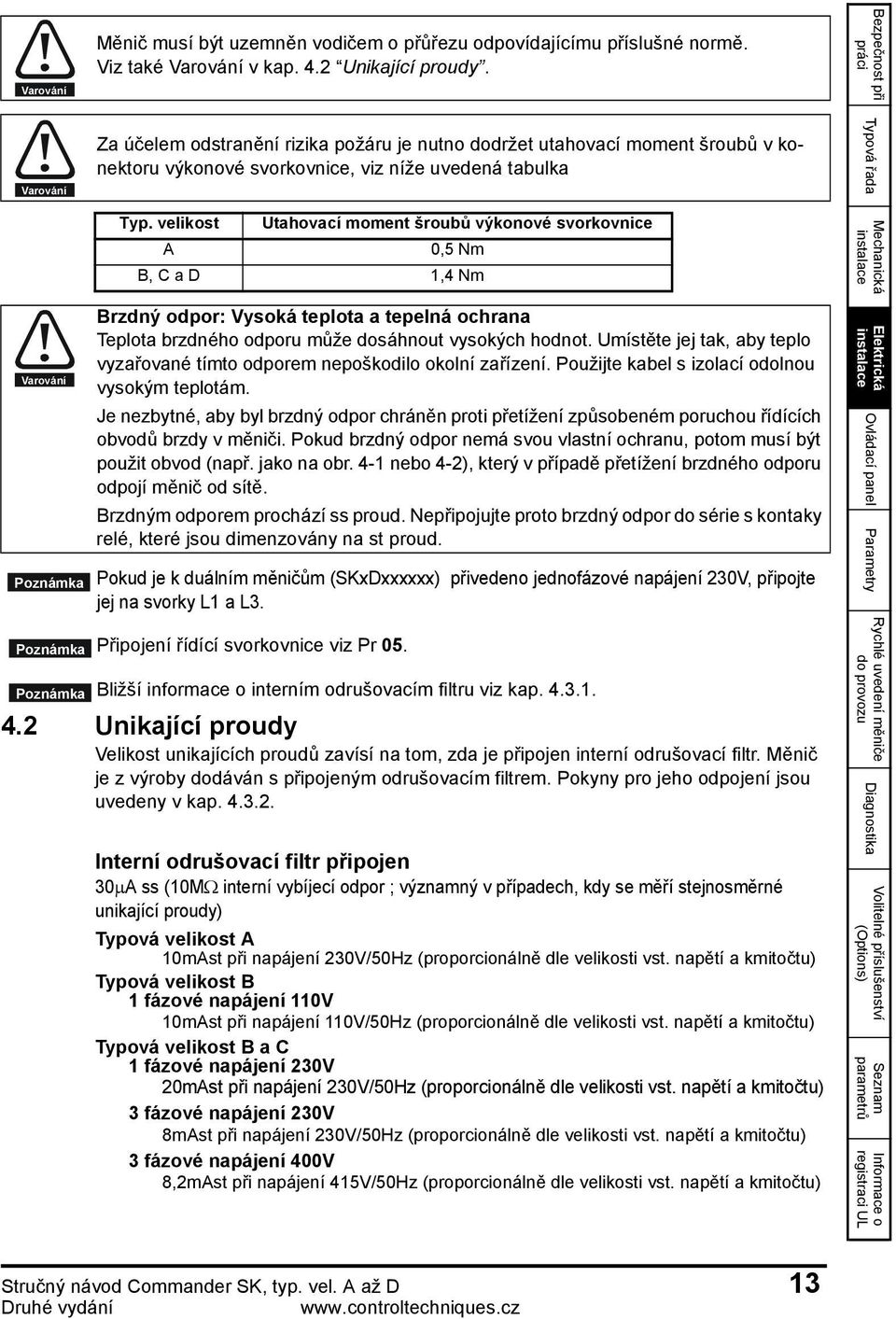 velikost Utahovací moment šroubů výkonové svorkovnice A 0,5 Nm B, C a D 1,4 Nm Typová řada Mechanická Varování Brzdný odpor: Vysoká teplota a tepelná ochrana Teplota brzdného odporu může dosáhnout