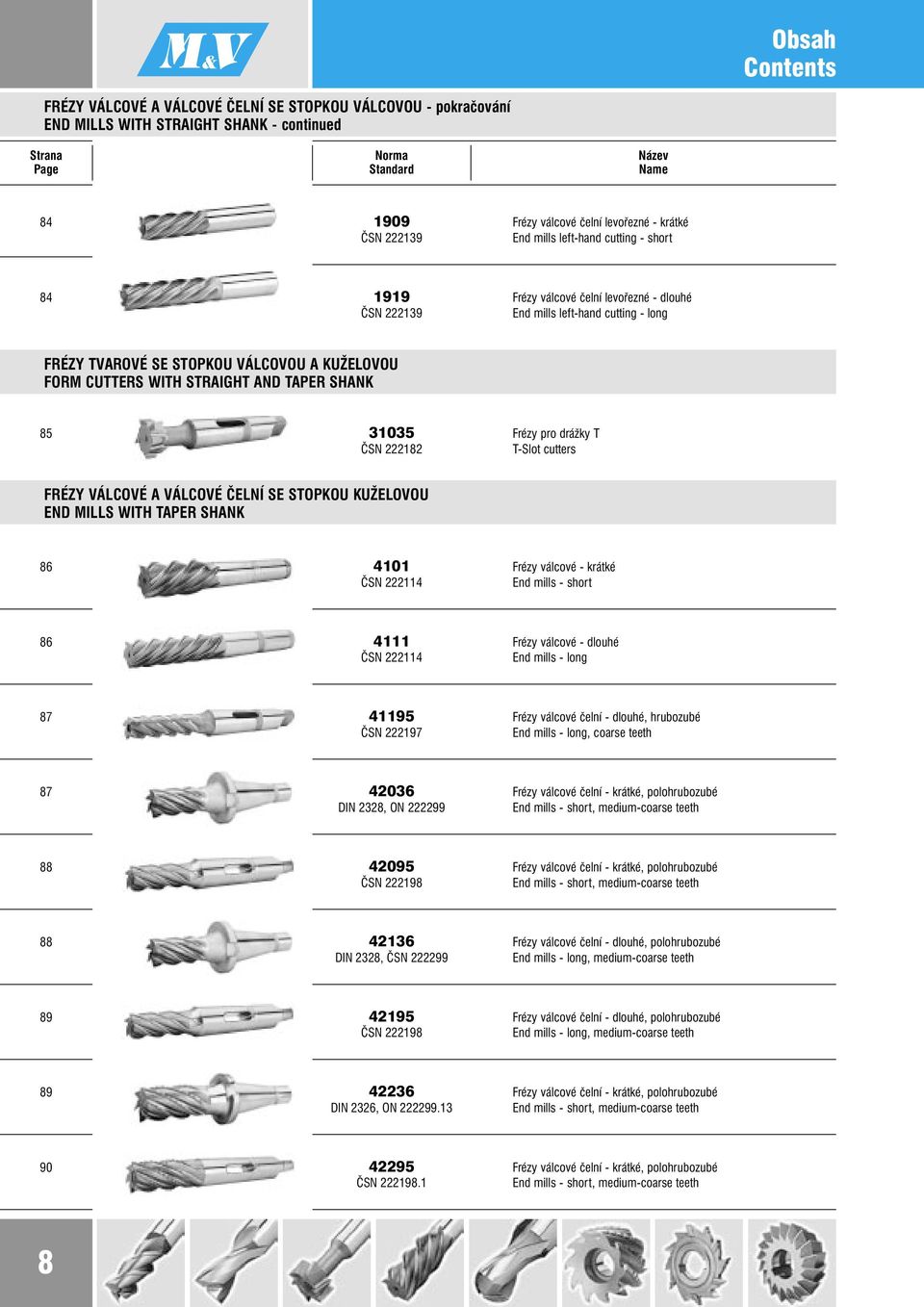 CUTTERS WITH STRAIGHT AND TAPER SHANK 85 31035 Frézy pro drážky T ČSN 222182 T-Slot cutters FRÉZY VÁLCOVÉ A VÁLCOVÉ ČELNÍ SE STOPKOU KUŽELOVOU END MILLS WITH TAPER SHANK 86 4101 Frézy válcové -