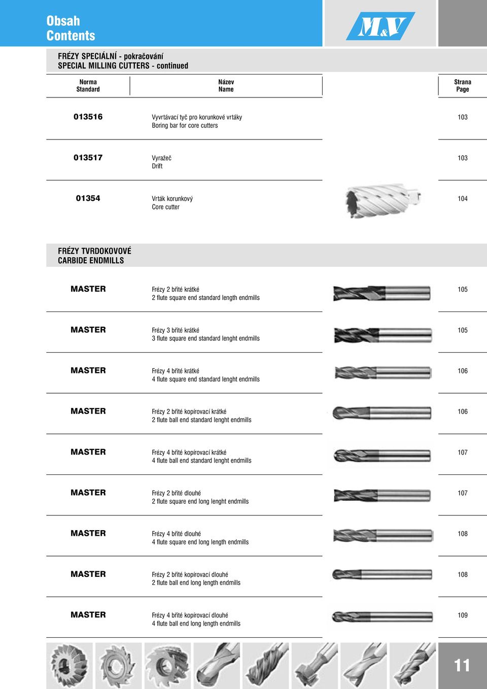 krátké 3 flute square end standard lenght endmills 105 MASTER Frézy 4 břité krátké 4 flute square end standard lenght endmills 106 MASTER Frézy 2 břité kopírovací krátké 2 flute ball end standard