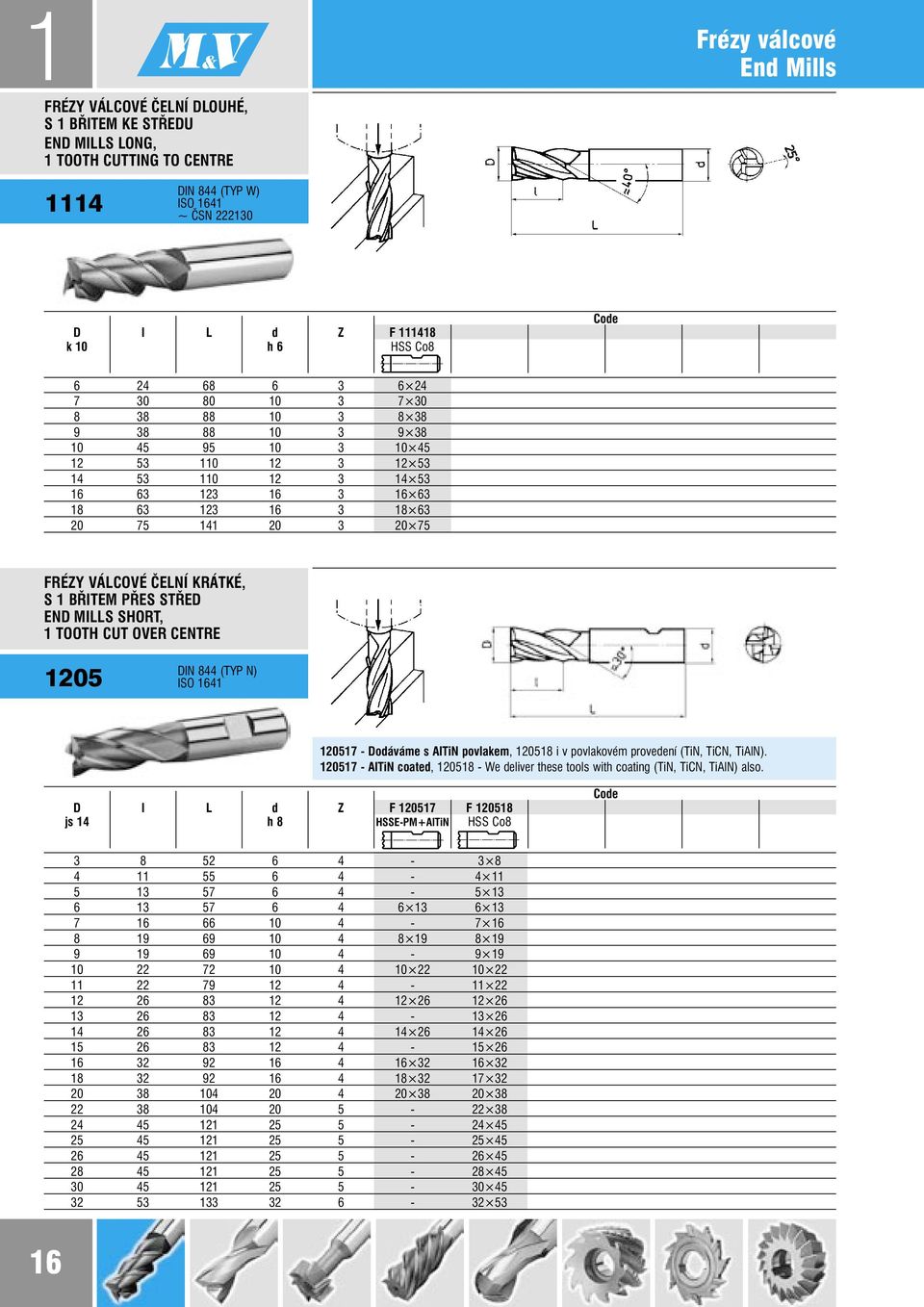 VÁLCOVÉ ČELNÍ KRÁTKÉ, S 1 BŘITEM PŘES STŘED END MILLS SHORT, 1 TOOTH CUT OVER CENTRE 1205 DIN 844 (TYP N) ISO 1641 120517 - Dodáváme s AlTiN povlakem, 120518 i v povlakovém provedení (TiN, TiCN,