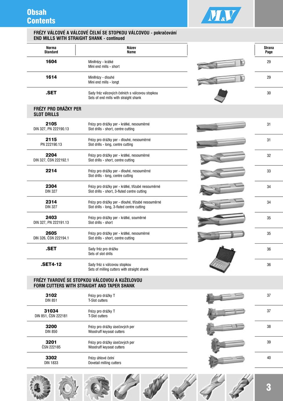 SET FRÉZY PRO DRÁŽKY PER SLOT DRILLS Sady fréz válcových čelních s válcovou stopkou Sets of end mills with straight shank 30 2105 Frézy pro drážky per - krátké, nesouměrné DIN 327, PN 222190.