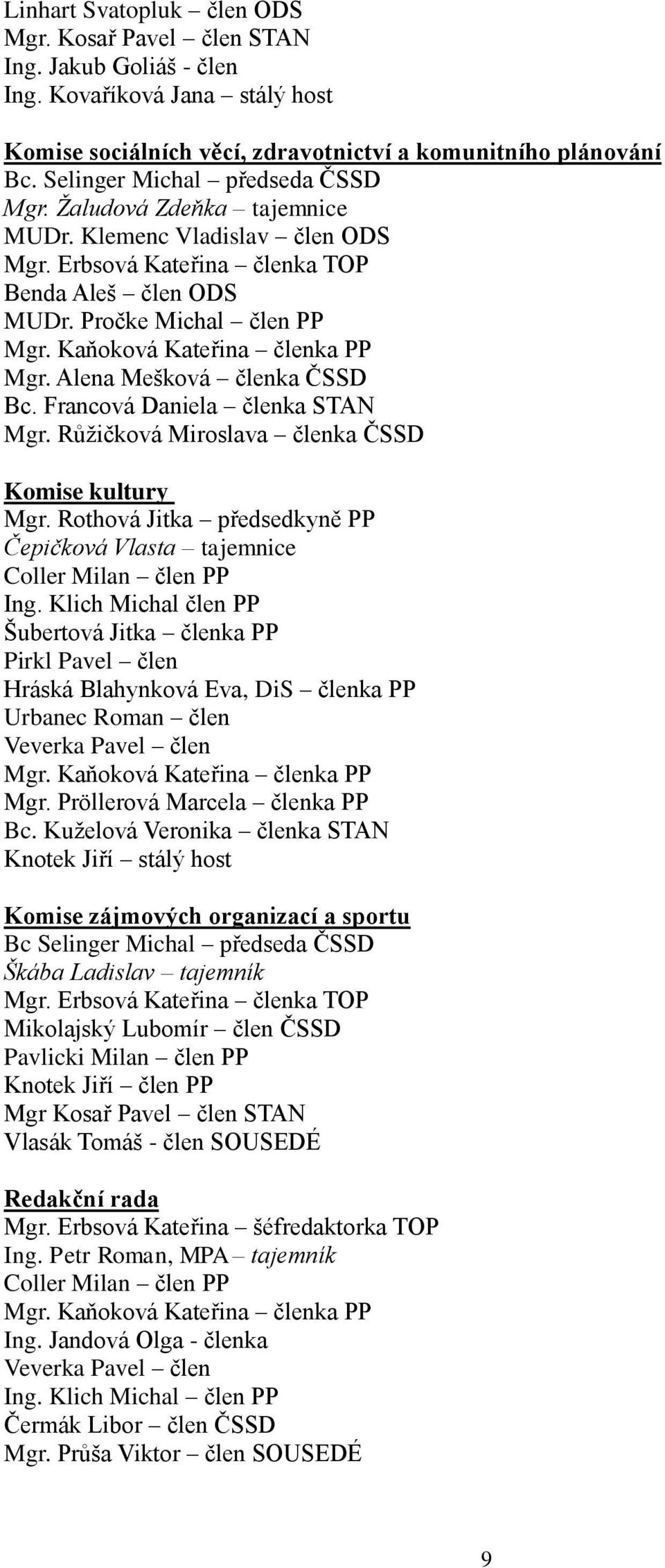 Kaňoková Kateřina členka PP Mgr. Alena Mešková členka ČSSD Bc. Francová Daniela členka STAN Mgr. Růžičková Miroslava členka ČSSD Komise kultury Mgr.