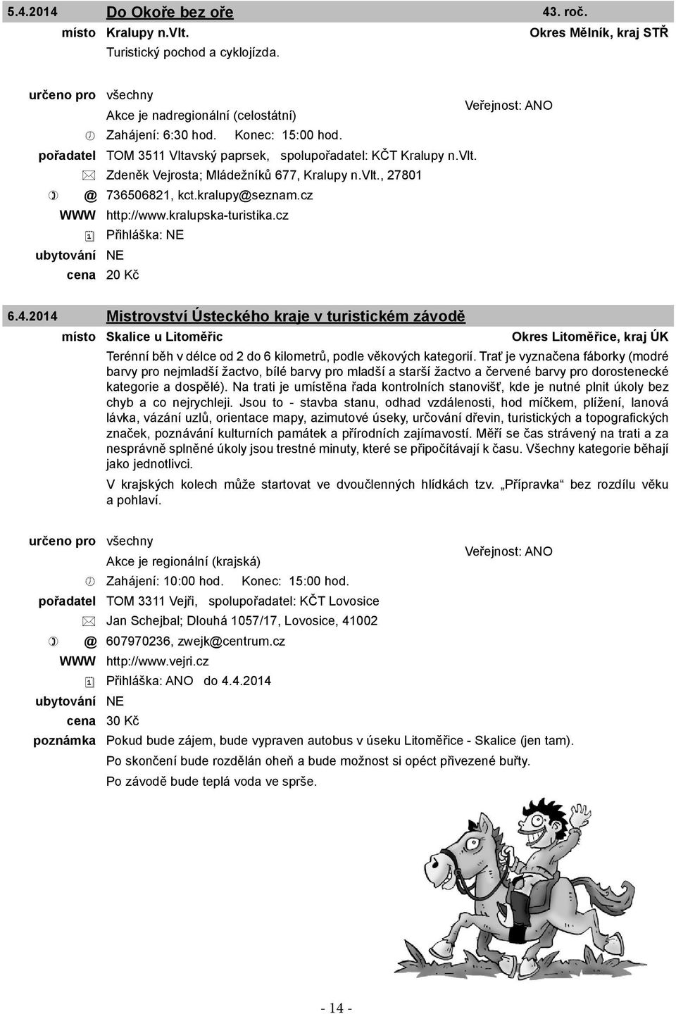 cz cena 20 Kč 6.4.2014 Mistrovství Ústeckého kraje v turistickém závodě místo Skalice u Litoměřic Okres Litoměřice, kraj ÚK Terénní běh v délce od 2 do 6 kilometrů, podle věkových kategorií.