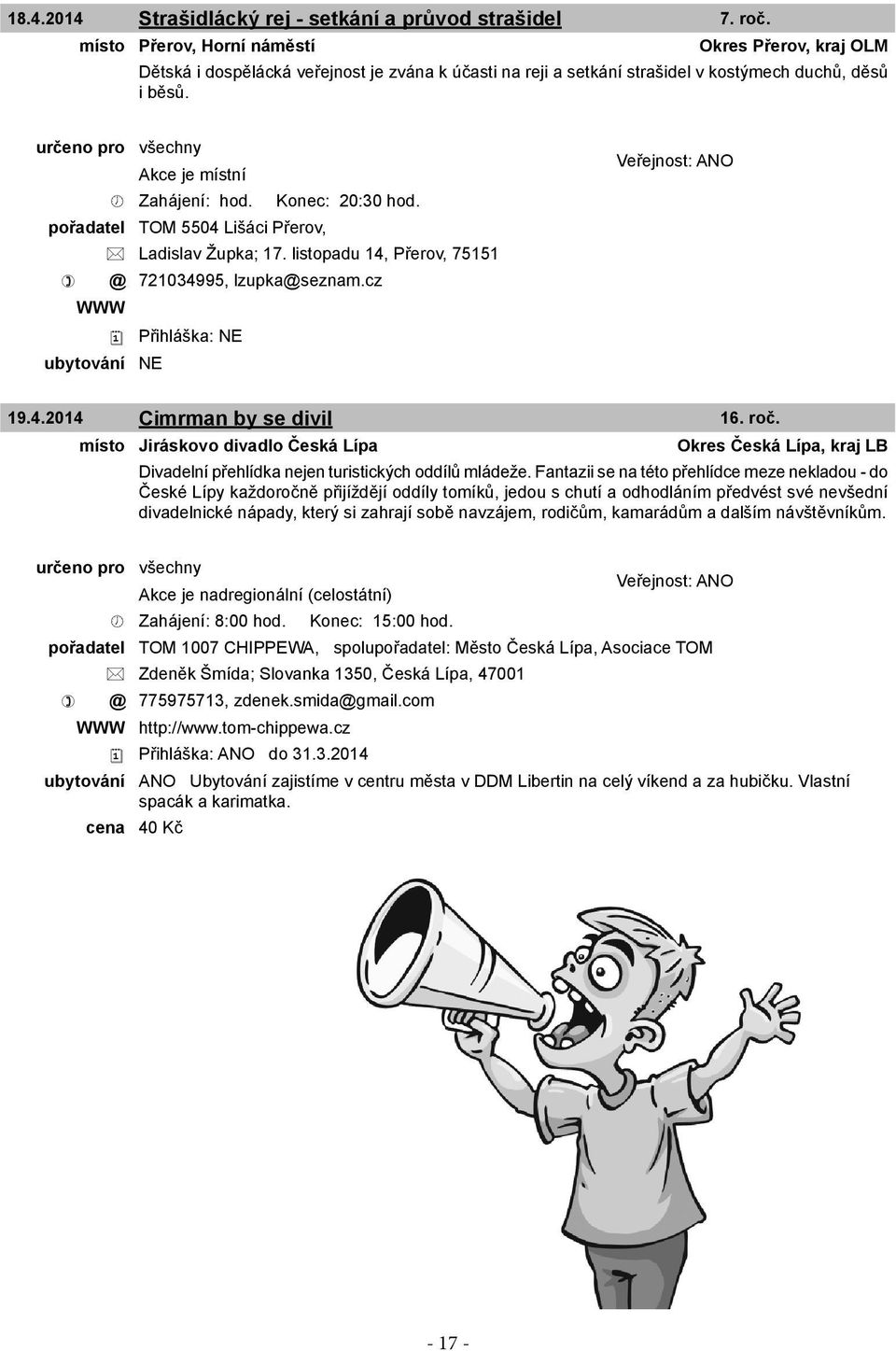 pořadatel TOM 5504 Lišáci Přerov, Ladislav Župka; 17. listopadu 14, Přerov, 75151 @ 721034995, lzupka@seznam.cz WWW 19.4.2014 Cimrman by se divil 16. roč.