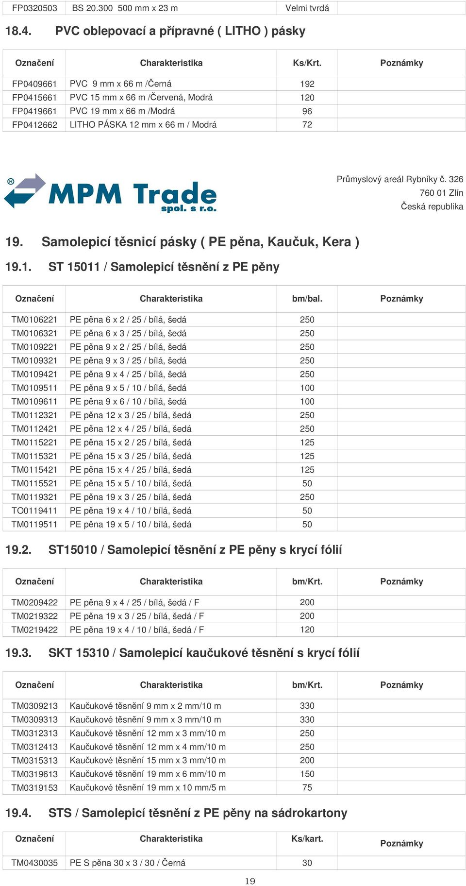 Samolepicí tsnicí pásky ( PE pna, Kauuk, Kera ) 19.1. ST 15011 / Samolepicí tsnní z PE pny bm/bal.