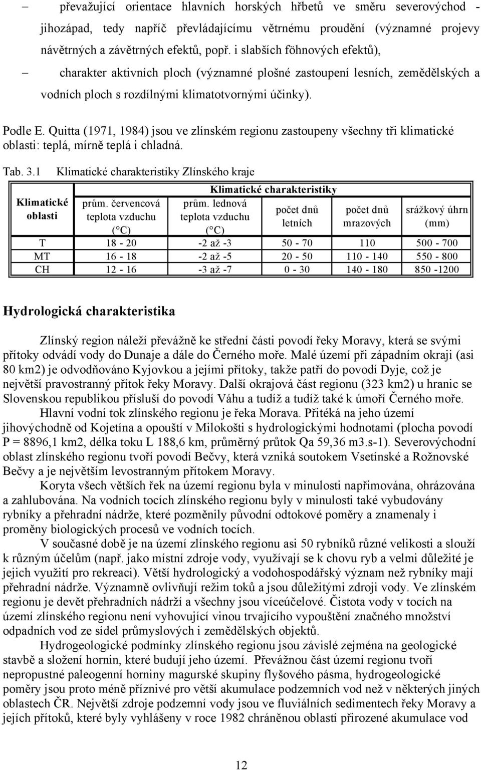 Quitta (1971, 1984) jsou ve zlínském regionu zastoupeny všechny tři klimatické oblasti: teplá, mírně teplá i chladná. Tab. 3.1 Klimatické oblasti Klimatické charakteristiky Zlínského kraje prům.