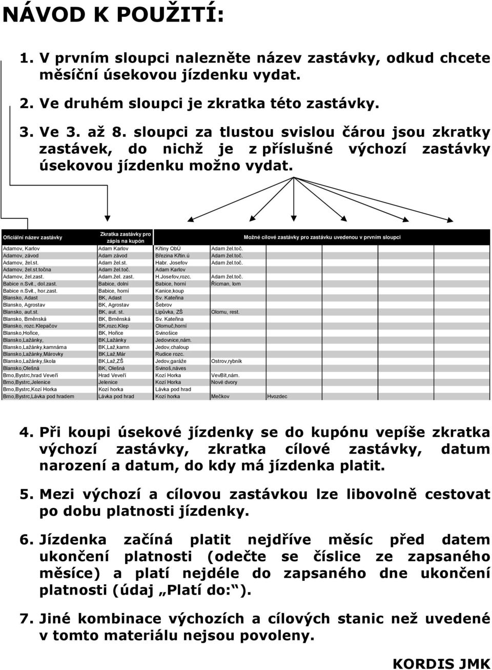 Zkratka zastávky pro zápis Adamov, Karlov Adam Karlov Křtiny ObÚ Adam žel.toč. Adamov, závod Adam závod Březina Křtin.ú Adam žel.toč. Adamov, žel.st. Adam žel.st. Habr. Josefov Adam žel.toč. Adamov, žel.st.točna Adam žel.