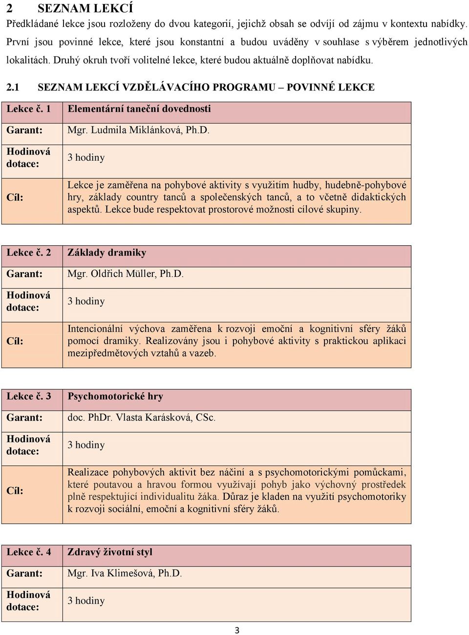 1 SEZNAM LEKCÍ VZDĚLÁVACÍHO PROGRAMU POVINNÉ LEKCE Lekce č. 1 Garant: Hodinová dotace: Cíl: Elementární taneční dovednosti Mgr. Ludmila Miklánková, Ph.D. 3 hodiny Lekce je zaměřena na pohybové aktivity s vyuţitím hudby, hudebně-pohybové hry, základy country tanců a společenských tanců, a to včetně didaktických aspektů.