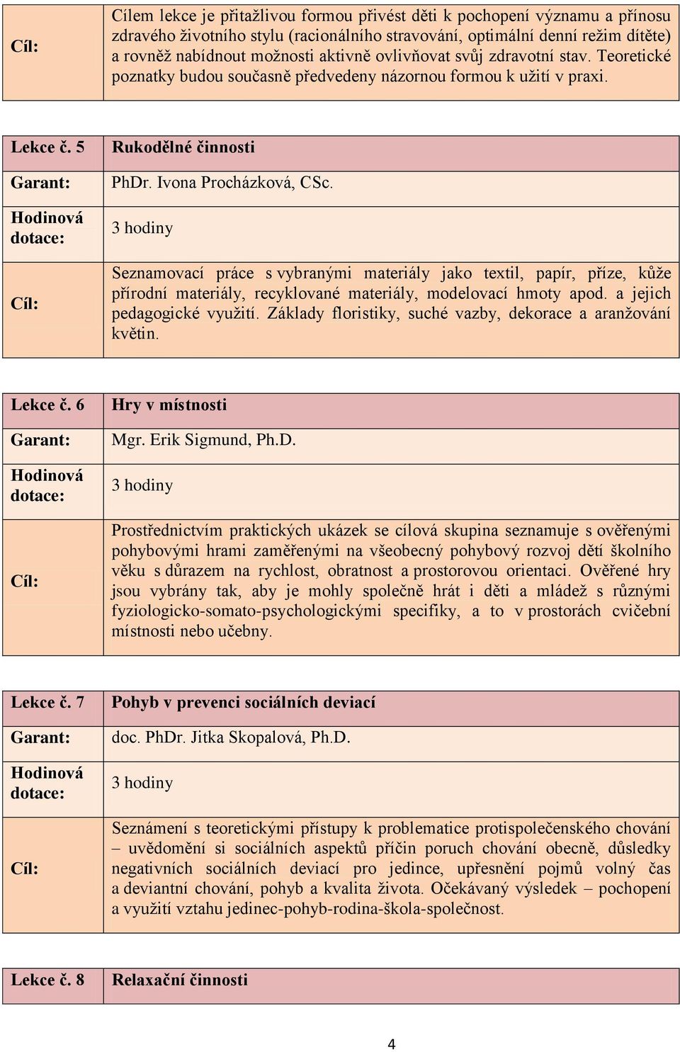 3 hodiny Seznamovací práce s vybranými materiály jako textil, papír, příze, kůţe přírodní materiály, recyklované materiály, modelovací hmoty apod. a jejich pedagogické vyuţití.