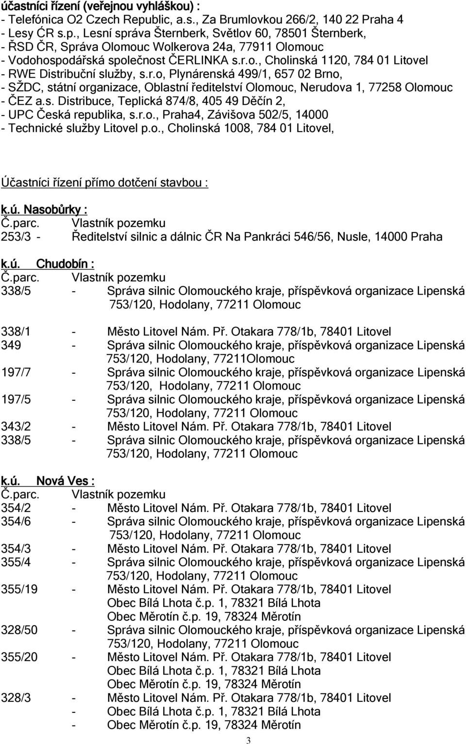 , Lesní správa Šternberk, Světlov 60, 78501 Šternberk, - ŘSD ČR, Správa Olomouc Wolkerova 24a, 77911 Olomouc - Vodohospodářská společnost ČERLINKA s.r.o., Cholinská 1120, 784 01 Litovel - RWE Distribuční služby, s.