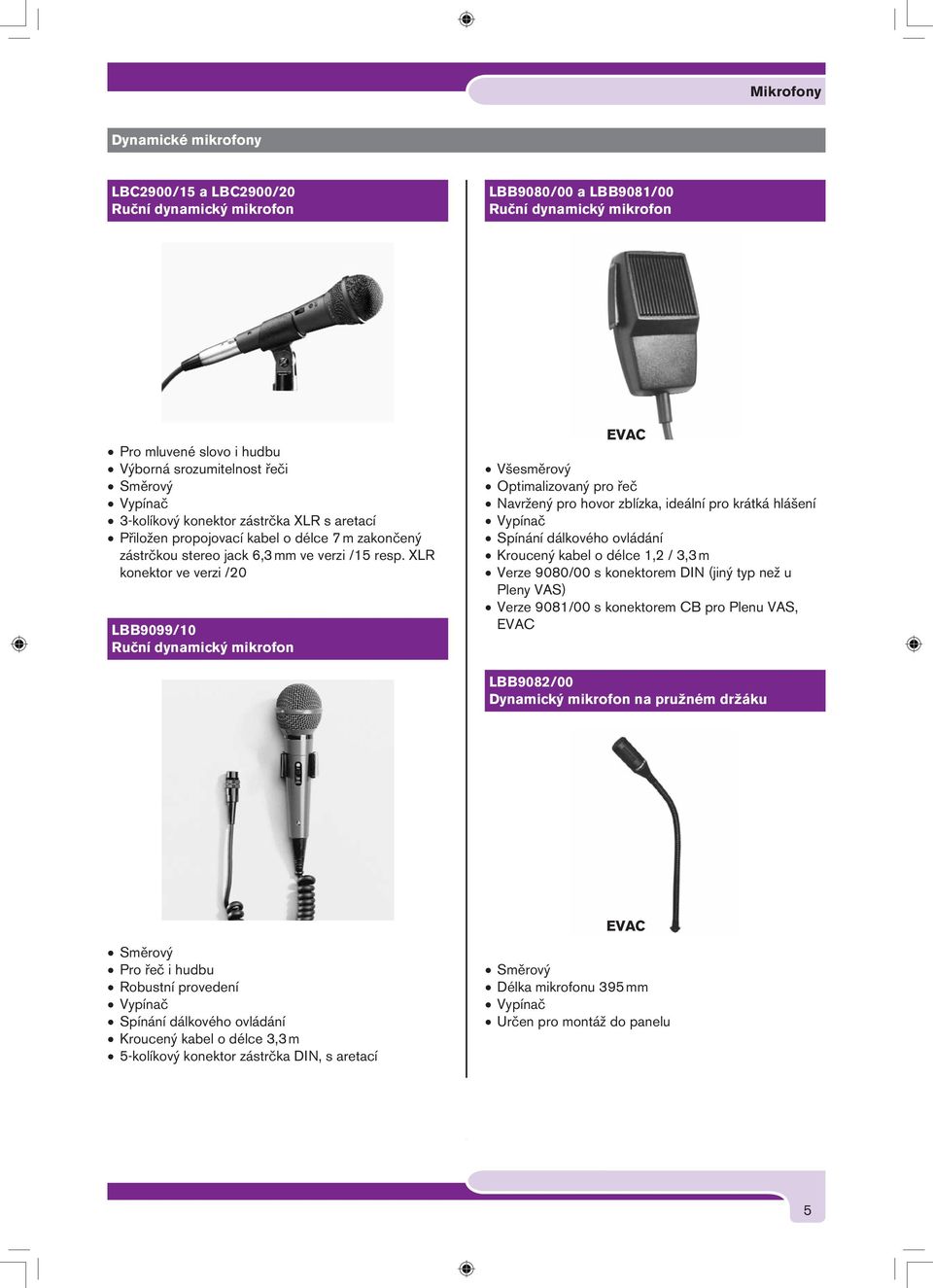 XLR konektor ve verzi /20 LBB9099/10 Ruční dynamický mikrofon Všesměrový Optimalizovaný pro řeč Navržený pro hovor zblízka, ideální pro krátká hlášení Vypínač Spínání dálkového ovládání Kroucený