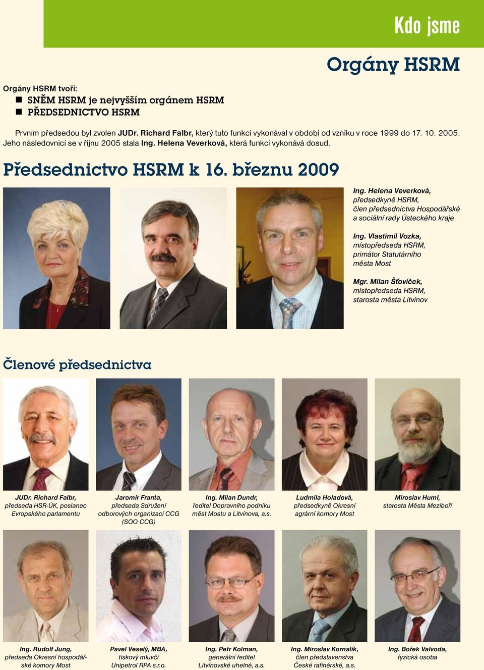 Předsednictvo HSRM k 16. březnu 2009 Ing. Helena Veverková, předsedkyně HSRM, člen předsednictva Hospodářské a sociální rady Ústeckého kraje Ing.