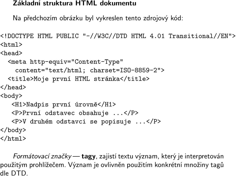 stránka</title> </head> <body> <H1>Nadpis první úrovně</h1> <P>První odstavec obsahuje...</p> <P>V druhém odstavci se popisuje.