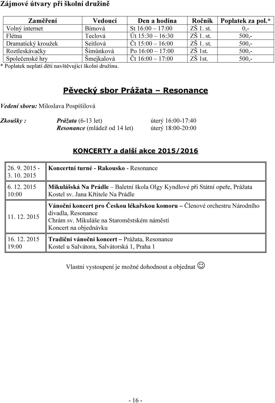 Vedení sboru: Miloslava Pospíšilová Pěvecký sbor Prážata Resonance Zkoušky : Prážata (6-13 let) úterý 16:00-17:40 Resonance (mládež od 14 let) úterý 18:00-20:00 KONCERTY a další akce 2015/2016 26. 9.