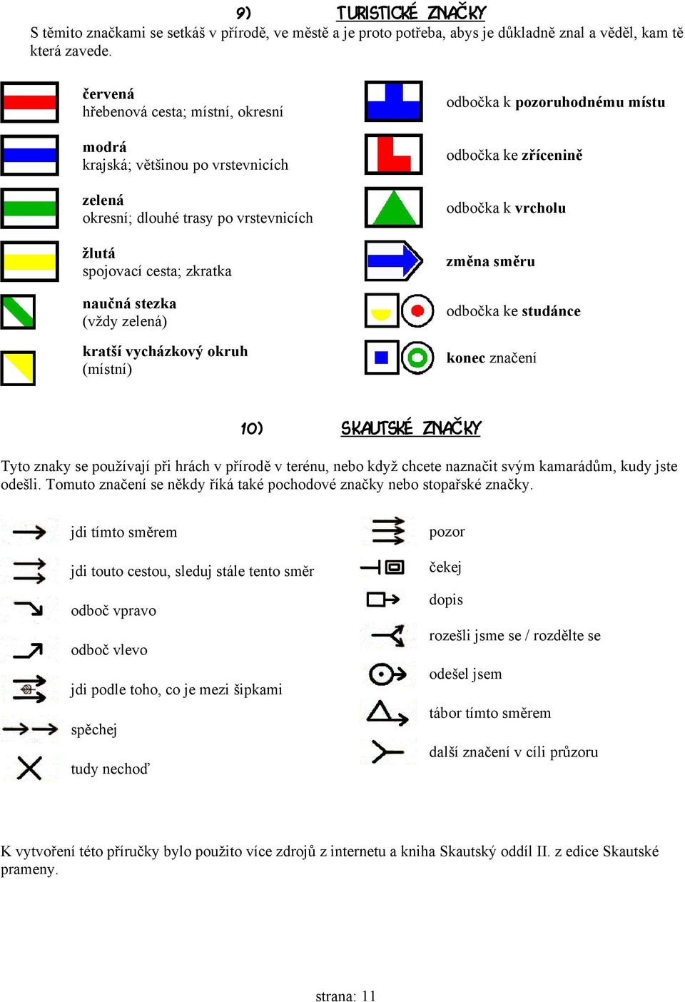 vycházkový okruh (místní) odbočka k pozoruhodnému místu odbočka ke zřícenině odbočka k vrcholu změna směru odbočka ke studánce konec značení 10) Skautské značky Tyto znaky se používají při hrách v