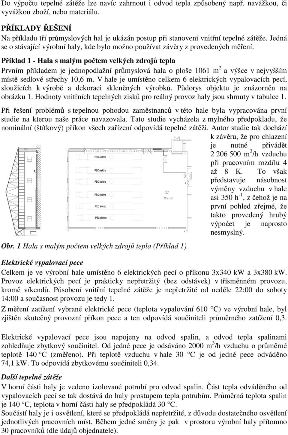 Příklad 1 - Hala s malým počtem velkých zdrojů tepla Prvním příkladem je jednopodlažní průmyslová hala o ploše 1061 m 2 a výšce v nejvyšším místě sedlové střechy 10,6 m.