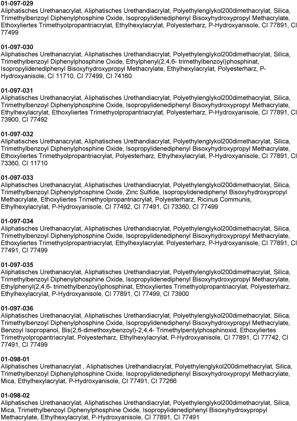 Ethoxyliertes Trimethyolpropantriacrylat, Polyesterharz, P-Hydroxyanisole, CI 77891, CI 73900, CI 77492 01-097-032 Ethoxyliertes Trimethyolpropantriacrylat, Polyesterharz, Ethylhexylacrylat,