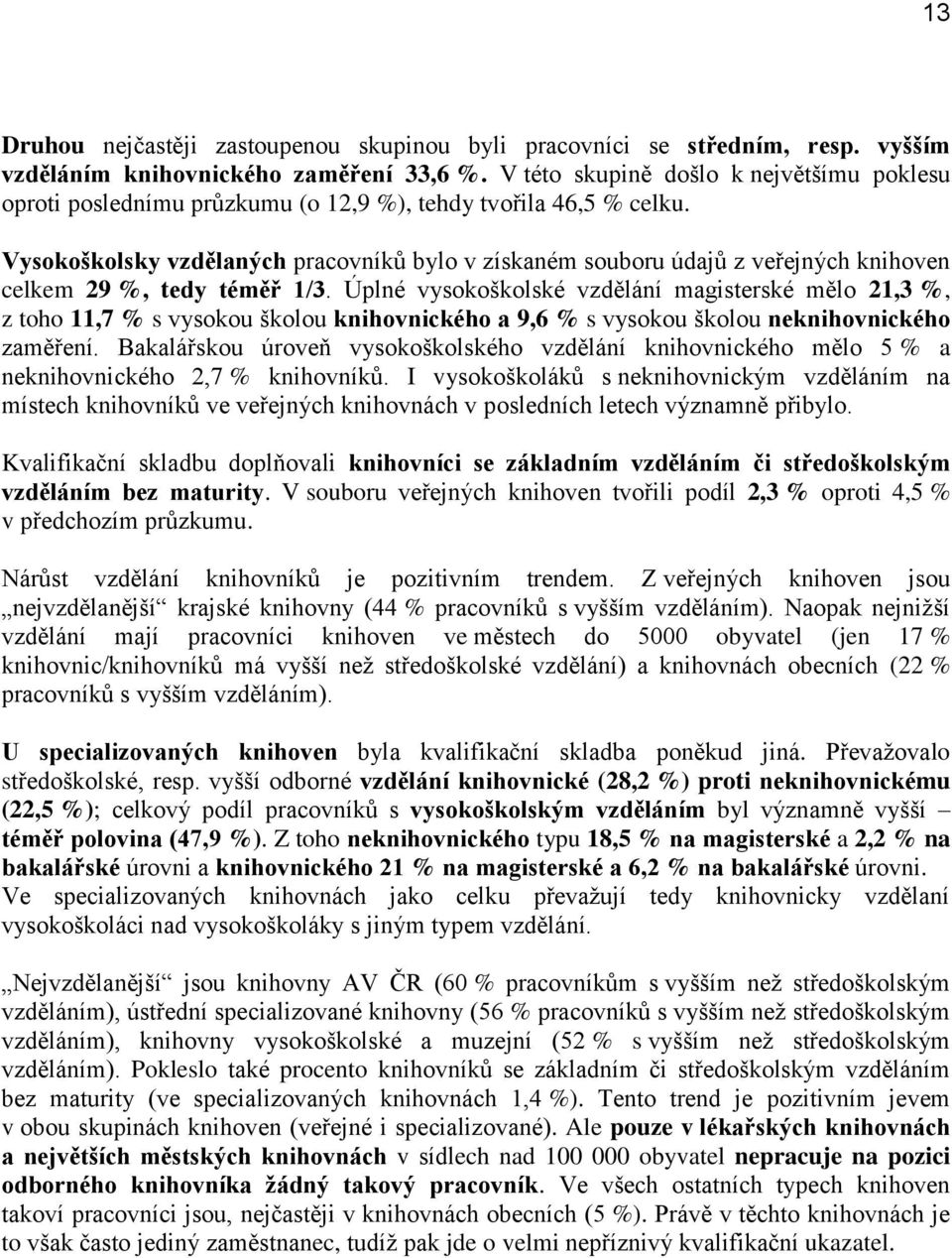 Vysokoškolsky vzdělaných pracovníků bylo v získaném souboru údajů z veřejných knihoven celkem 29 %, tedy téměř 1/3.