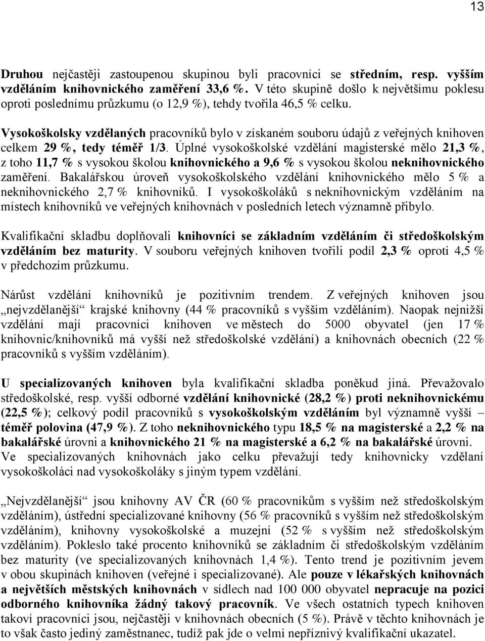 Vysokoškolsky vzdělaných pracovníků bylo v získaném souboru údajů z veřejných knihoven celkem 29 %, tedy téměř 1/3.