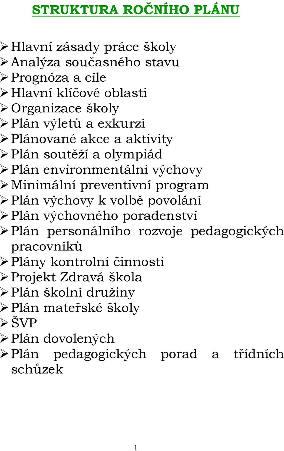 Plán výchovy k volbě povolání Plán výchovného poradenství Plán personálního rozvoje pedagogických pracovníků Plány kontrolní