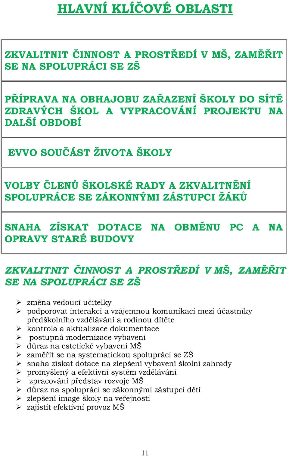 ZAMĚŘIT SE NA SPOLUPRÁCI SE ZŠ změna vedoucí učitelky podporovat interakci a vzájemnou komunikaci mezi účastníky předškolního vzdělávání a rodinou dítěte kontrola a aktualizace dokumentace postupná