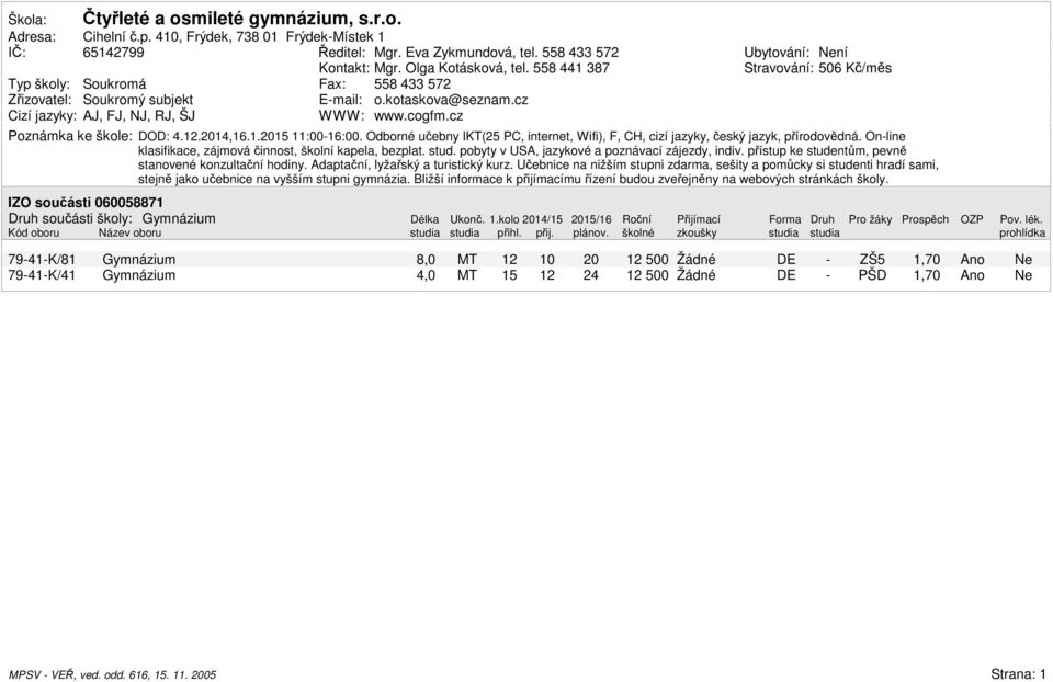 cz Ubytování: ní Stravování: 56 Kč/měs Poznámka ke škole: DOD: 4..214,16.1.2 11:16:. Odborné učebny IKT(25 PC, internet, Wifi), F, CH, cizí jazyky, český jazyk, přírodovědná.