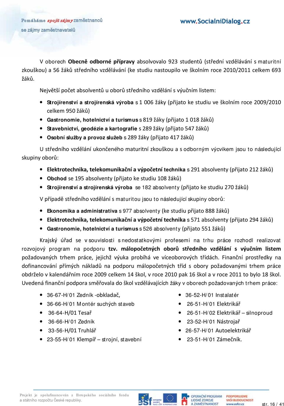 hotelnictví a turismus s 819 žáky (přijato 1 018 žáků) Stavebnictví, geodézie a kartografie s 289 žáky (přijato 547 žáků) Osobní služby a provoz služeb s 289 žáky (přijato 417 žáků) U středního