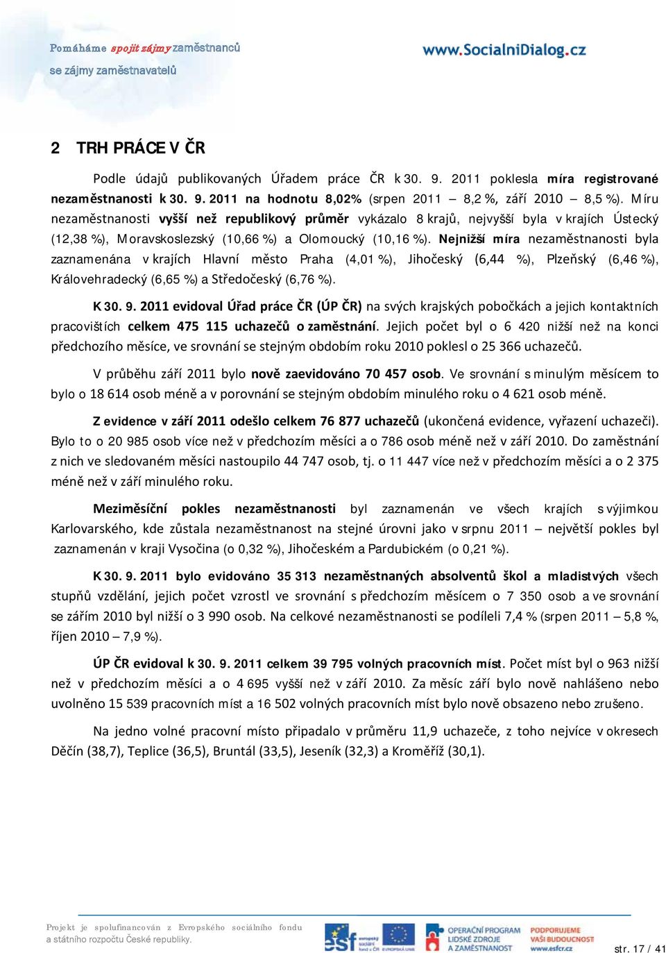 Nejnižší míra nezaměstnanosti byla zaznamenána v krajích Hlavní město Praha (4,01 %), Jihočeský (6,44 %), Plzeňský (6,46 %), Královehradecký (6,65 %) a Středočeský (6,76 %). K 30. 9.