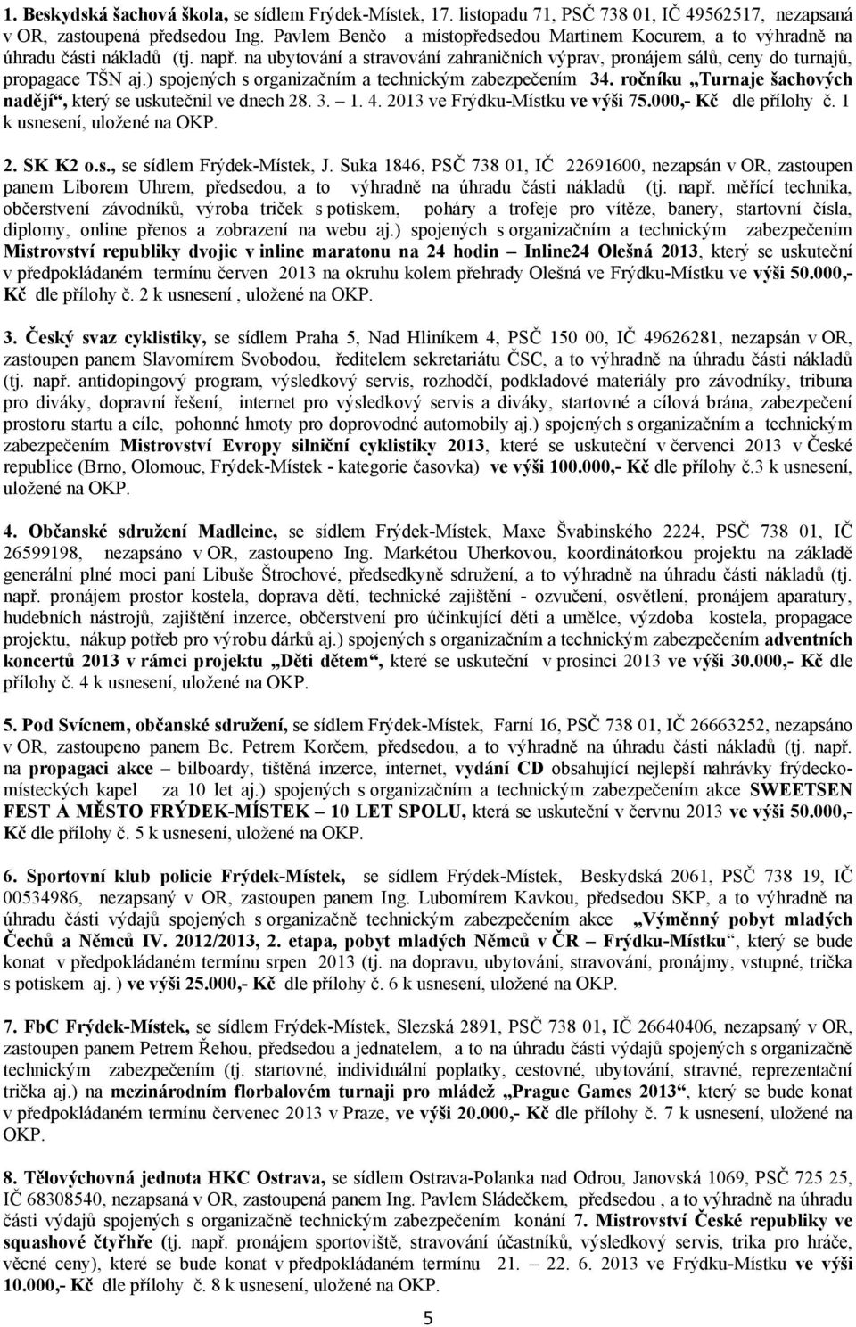 ) spojených s organizačním a technickým zabezpečením 34. ročníku Turnaje šachových nadějí, který se uskutečnil ve dnech 28. 3. 1. 4. 2013 ve Frýdku-Místku ve výši 75.000,- Kč dle přílohy č.