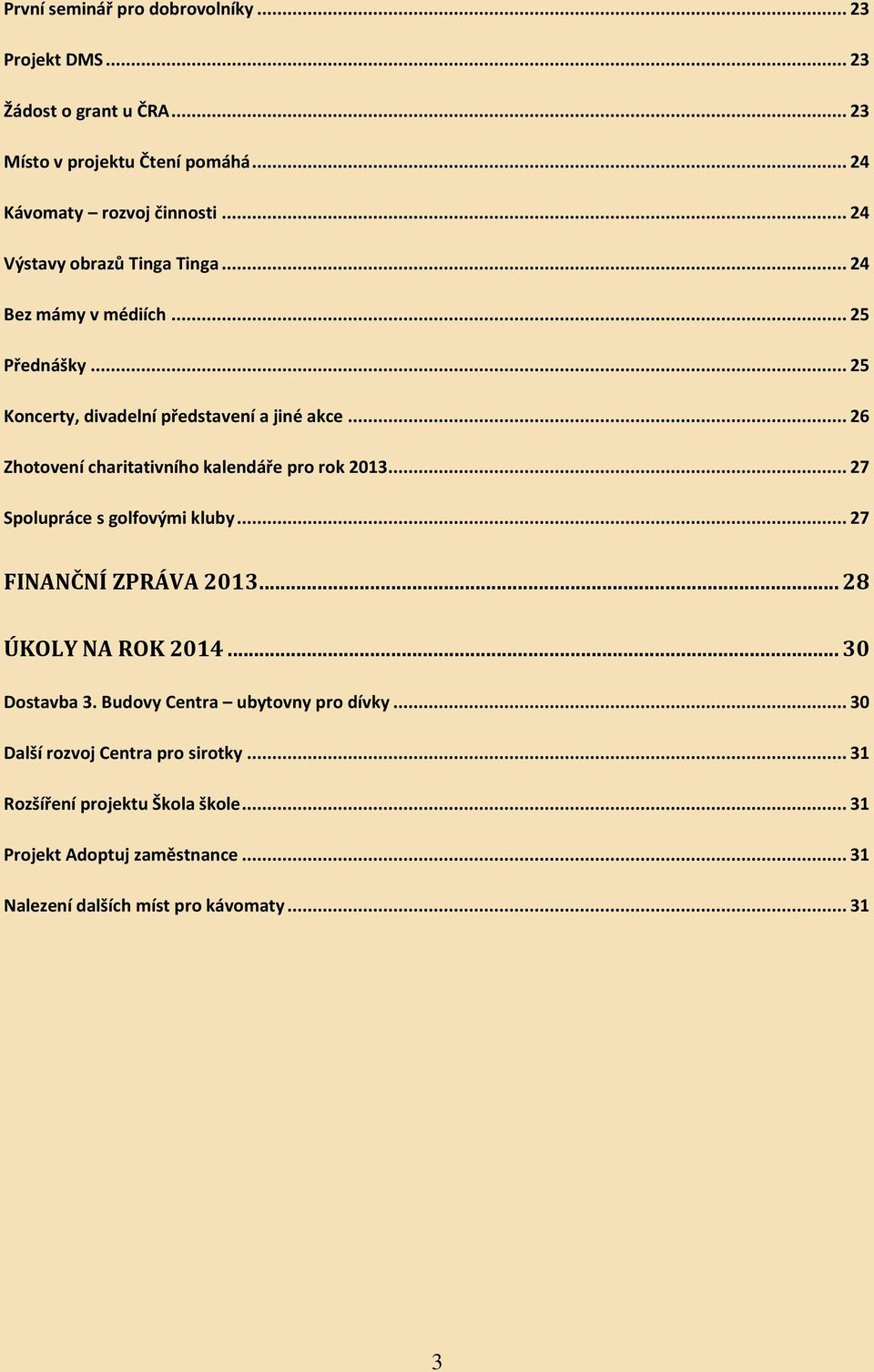 .. 26 Zhotovení charitativního kalendáře pro rok 2013... 27 Spolupráce s golfovými kluby... 27 FINANČNÍ ZPRÁVA 2013... 28 ÚKOLY NA ROK 2014.