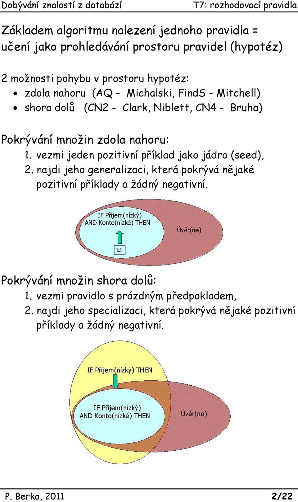 vezmi jeden pozitivní příklad jako jádro (seed), 2. najdi jeho generalizaci, která pokrývá nějaké pozitivní příklady a žádný negativní.