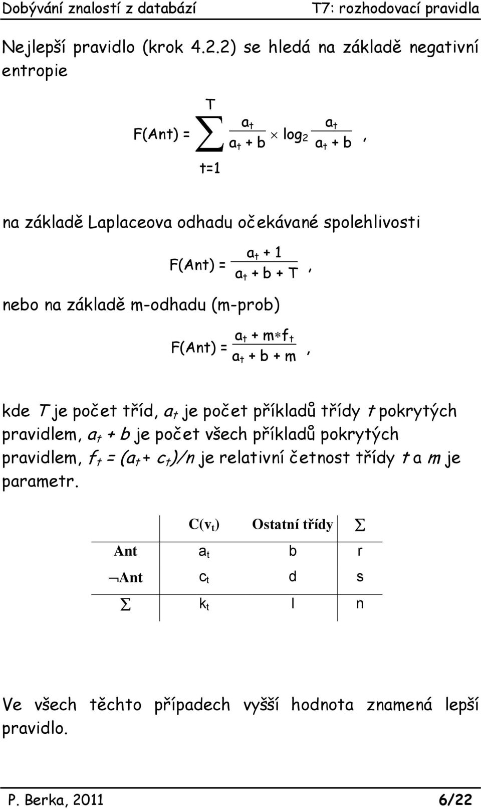 = a t + 1 a t + b + T, nebo na základě m-odhadu (m-prob) F(Ant) = a t + m f t a t + b + m, kde T je počet tříd, a t je počet příkladů třídy t