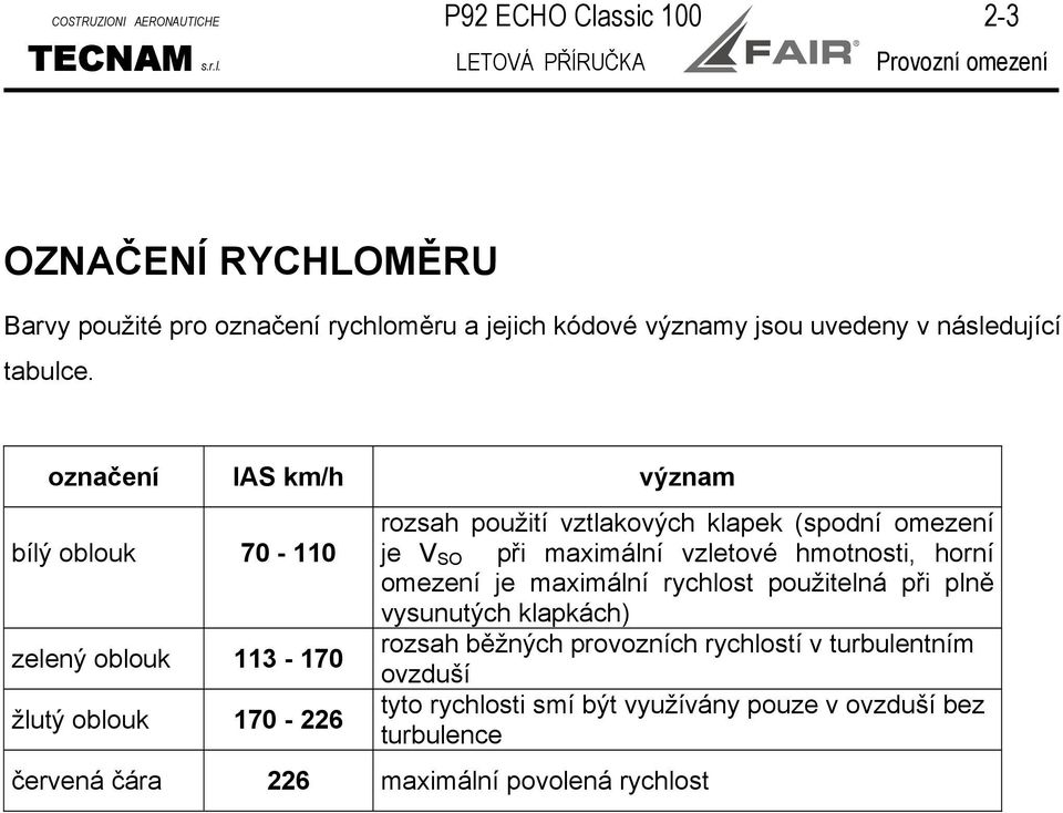 LETOVÁ PŘÍRUČKA Provozní omezení OZNAČENÍ RYCHLOMĚRU Barvy použité pro označení rychloměru a jejich kódové významy jsou uvedeny v následující tabulce.