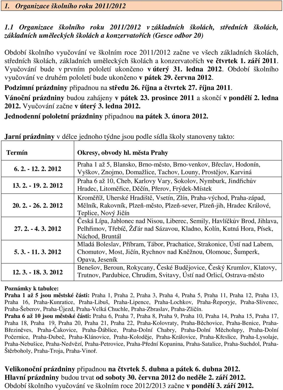 ve všech základních školách, středních školách, základních uměleckých školách a konzervatořích ve čtvrtek 1. září 2011. Vyučování bude v prvním pololetí ukončeno v úterý 31. ledna 2012.