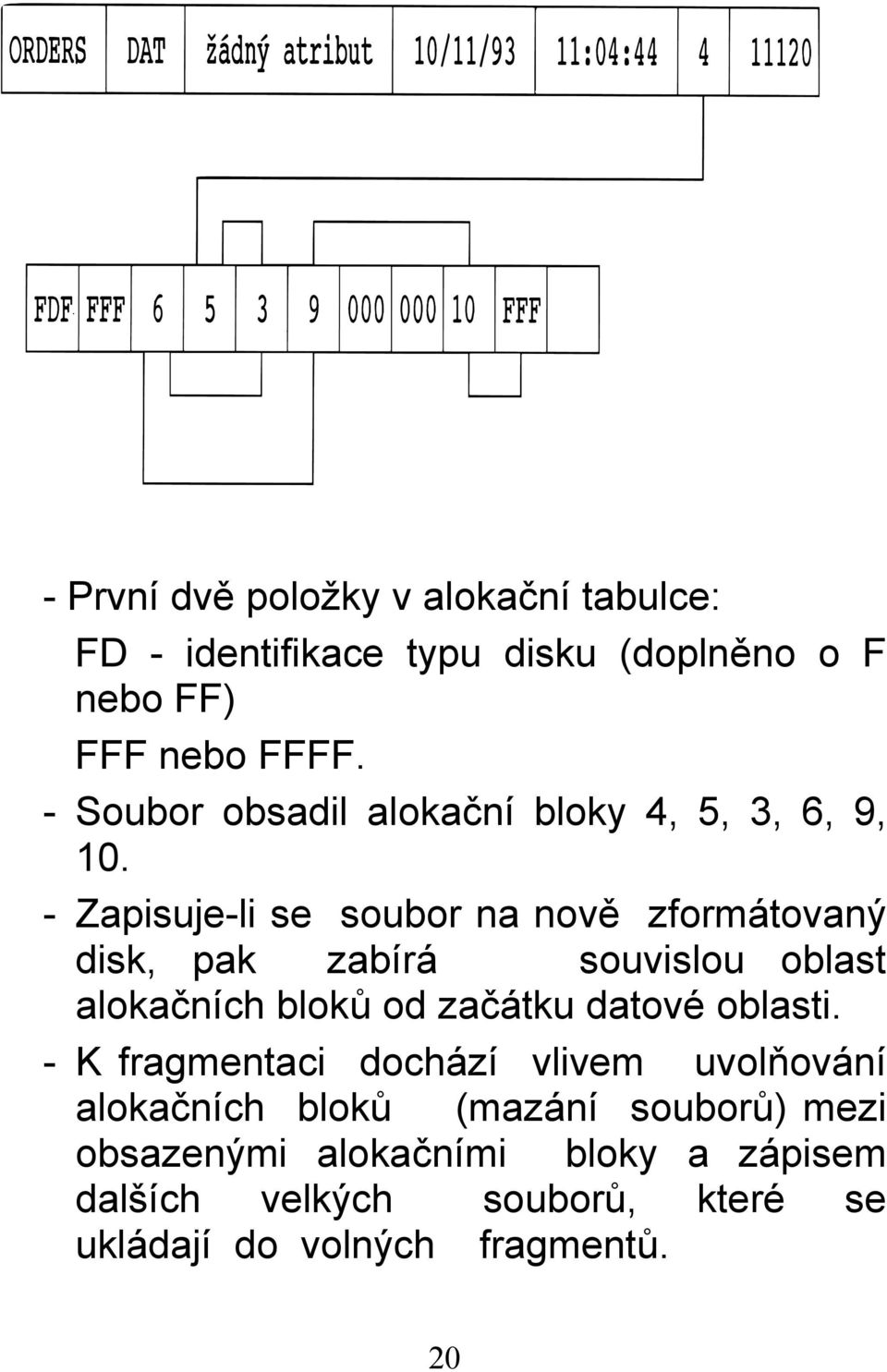 - Zapisuje-li se soubor na nově zformátovaný disk, pak zabírá souvislou oblast alokačních bloků od začátku datové