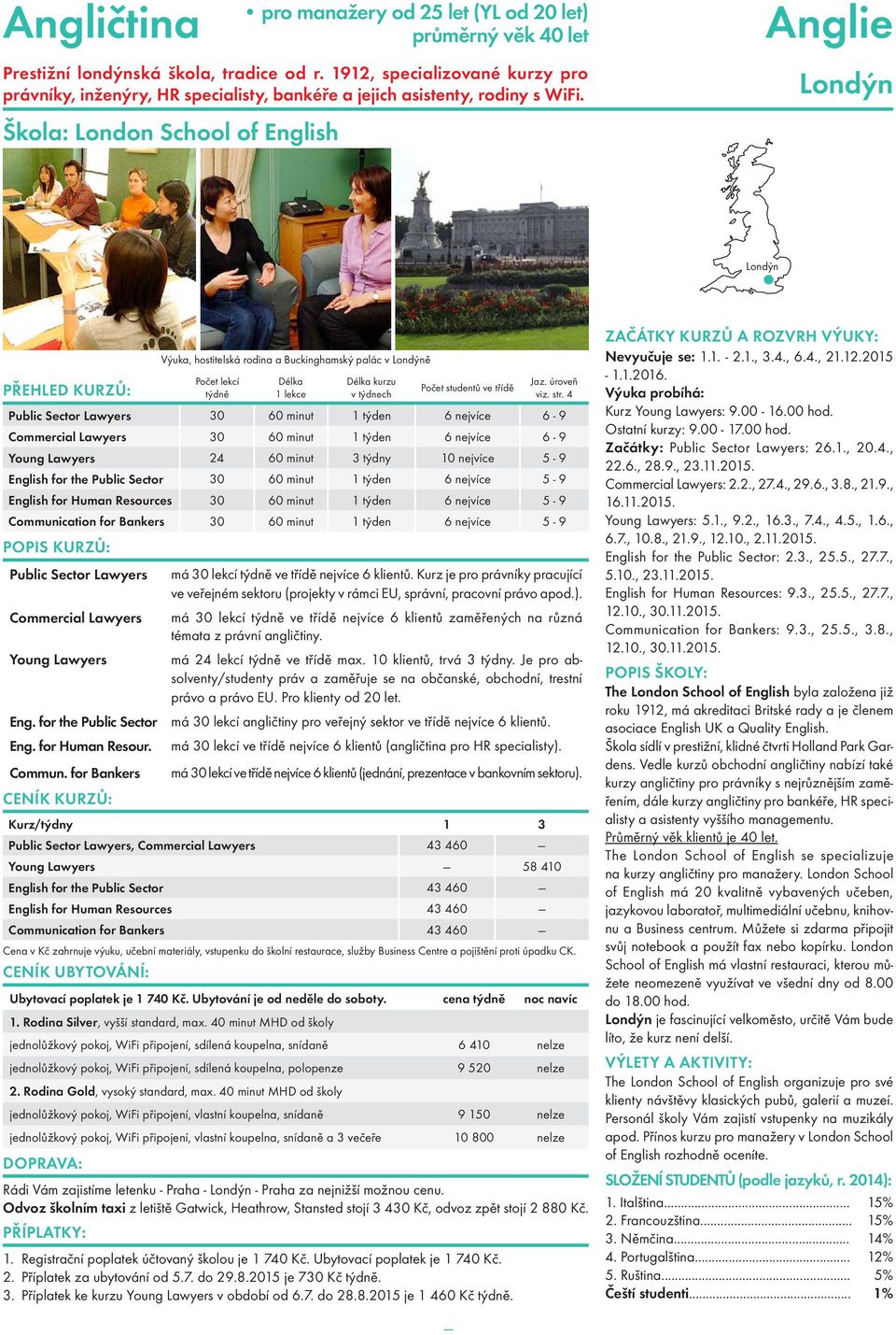 Škola: London School of English Londýn Londýn Výuka, hostitelská rodina a Buckinghamský palác v Londýně Public Sector Lawyers 30 60 minut 1 týden 6 nejvíce 6-9 Commercial Lawyers 30 60 minut 1 týden