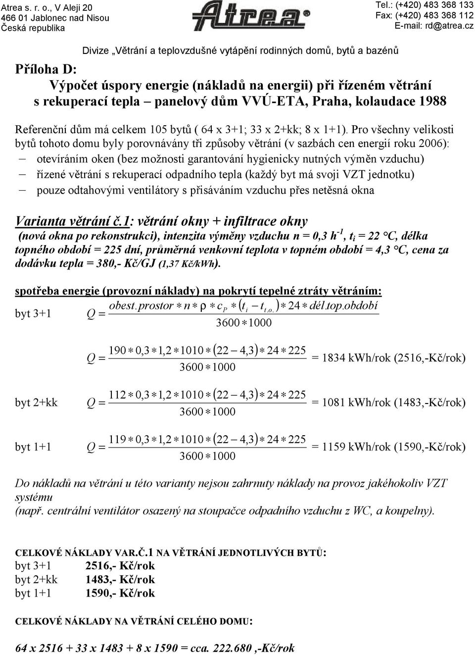 kolaudace 1988 Referenční dům má celkem 105 bytů ( 64 x 3+1; 33 x 2+kk; 8 x 1+1).