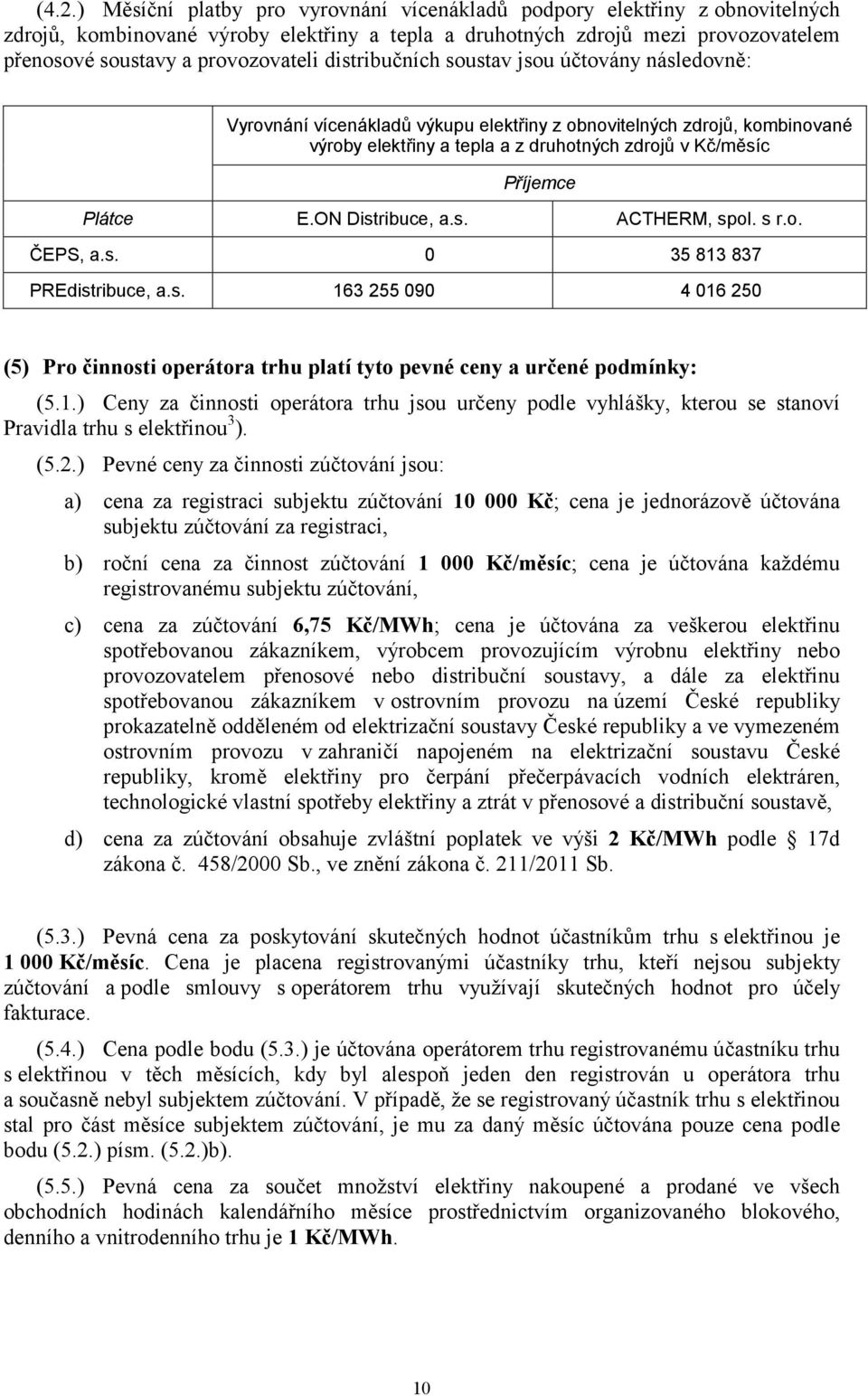 ON Distribuce, a.s. ACTHERM, spol. s r.o. ČEPS, a.s. 0 35 813 837 PREdistribuce, a.s. 163 55 090 4 016 50 (5) Pro činnosti operátora trhu platí tyto pevné ceny a určené podmínky: (5.1.) Ceny za činnosti operátora trhu jsou určeny podle vyhlášky, kterou se stanoví Pravidla trhu s elektřinou 3 ).