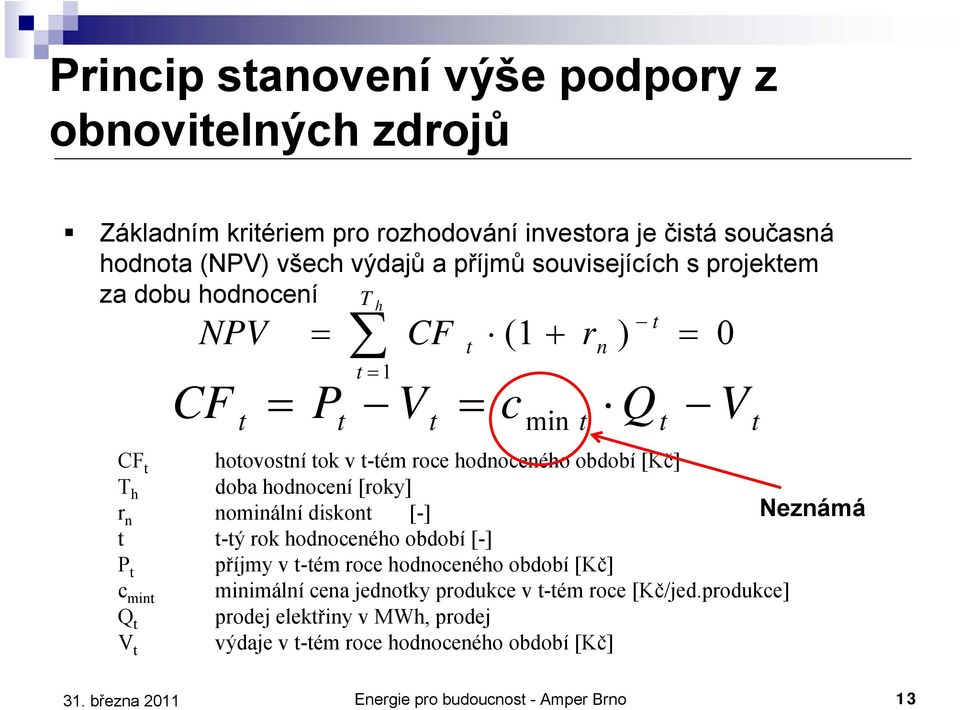 nominální diskont [-] Neznámá t t-tý rok hodnoceného období [-] P t příjmy v t-tém roce hodnoceného období [Kč] c mint minimální cena jednotky produkce v t-tém roce