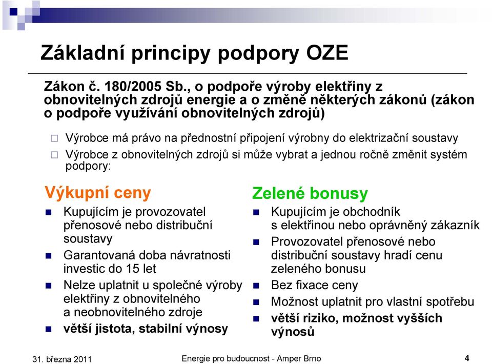 elektrizační soustavy Výrobce z obnovitelných zdrojů si může vybrat a jednou ročně změnit systém podpory: Výkupní ceny Kupujícím je provozovatel přenosové nebo distribuční soustavy Garantovaná doba