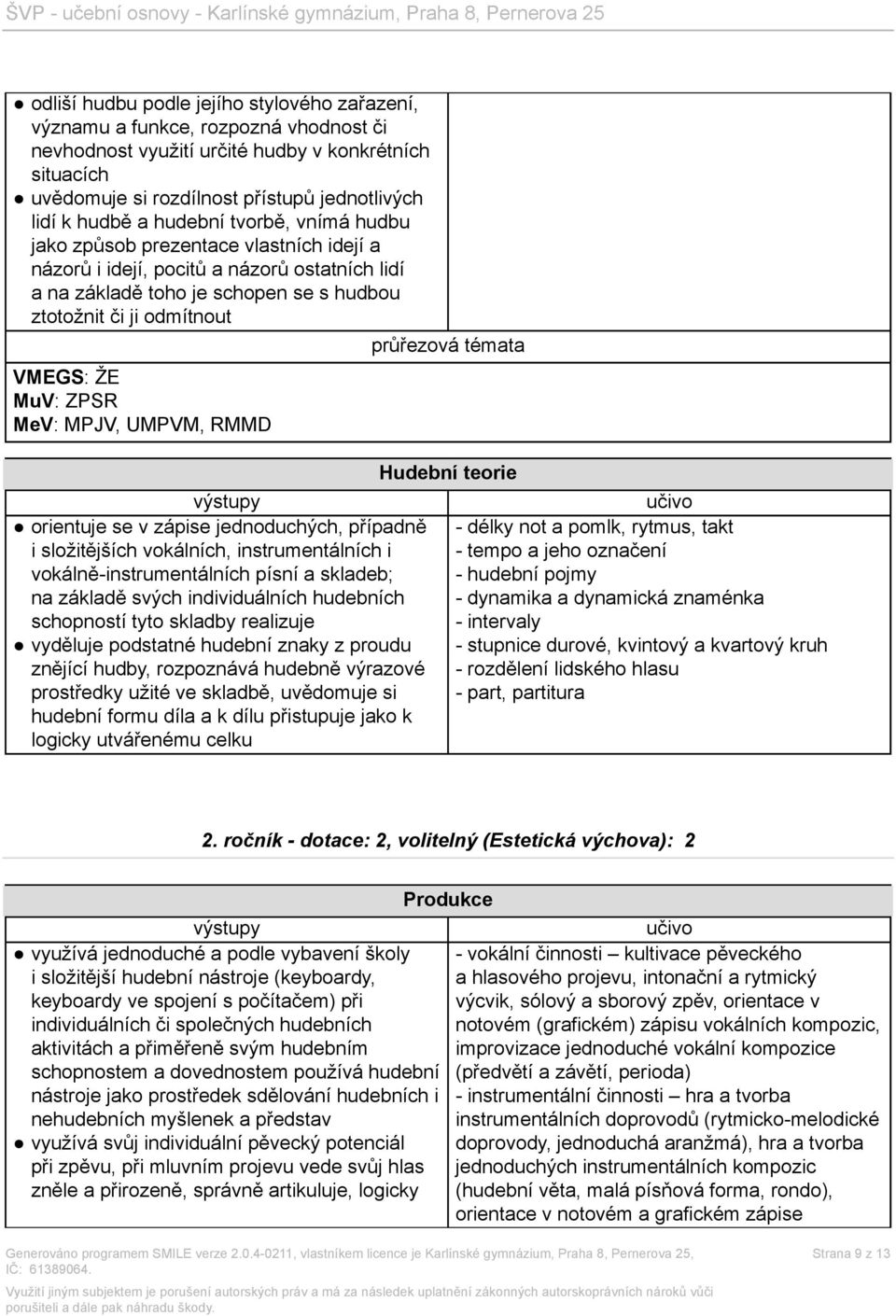 MPJV, UMPVM, RMMD orientuje se v zápise jednoduchých, případně i složitějších vokálních, instrumentálních i vokálně-instrumentálních písní a skladeb; na základě svých individuálních hudebních