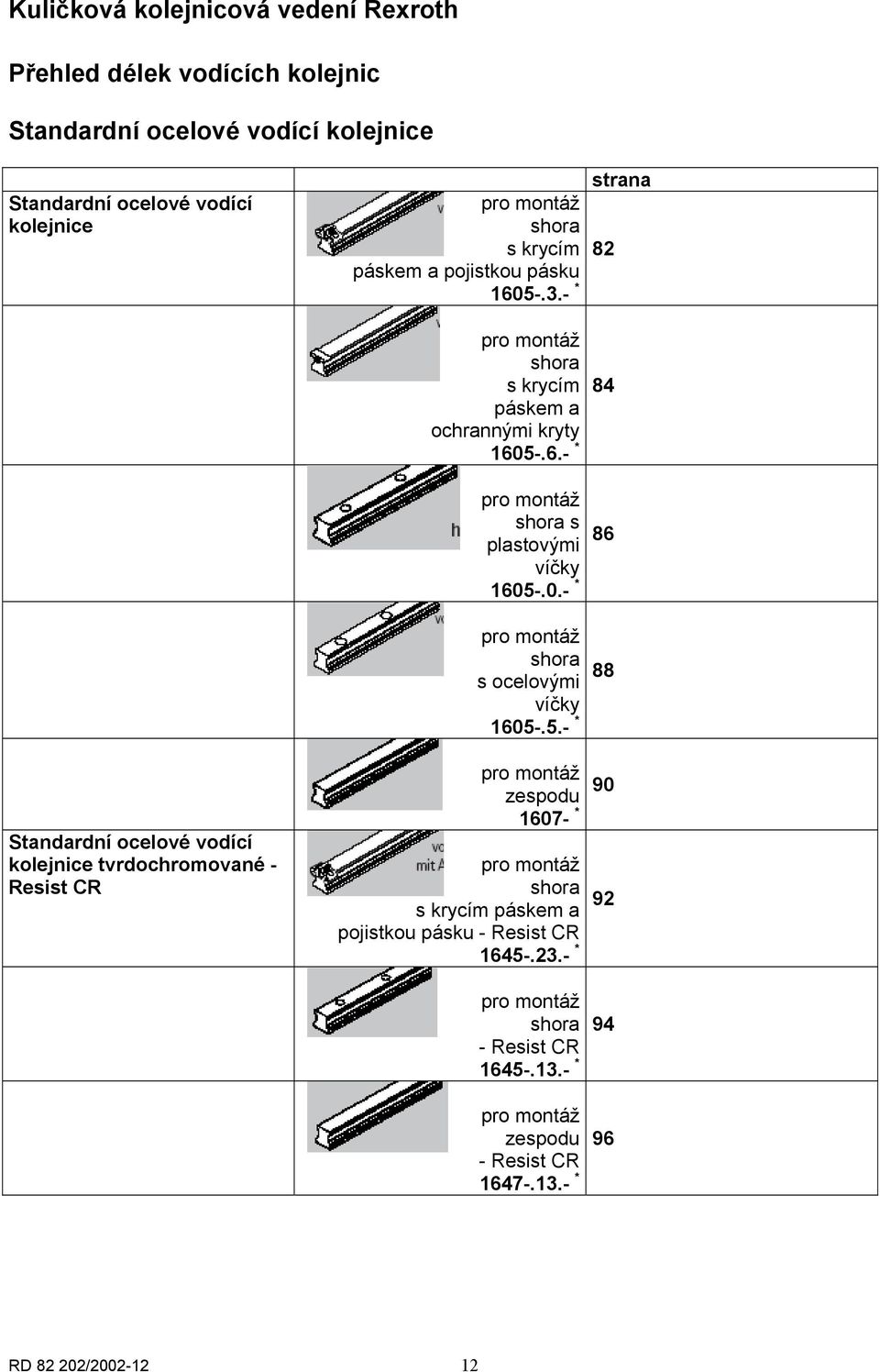 5.- * strana 82 84 86 88 Standardní ocelové vodící kolejnice tvrdochromované - Resist CR pro montáž 90 zespodu 1607- * pro montáž shora s krycím páskem a