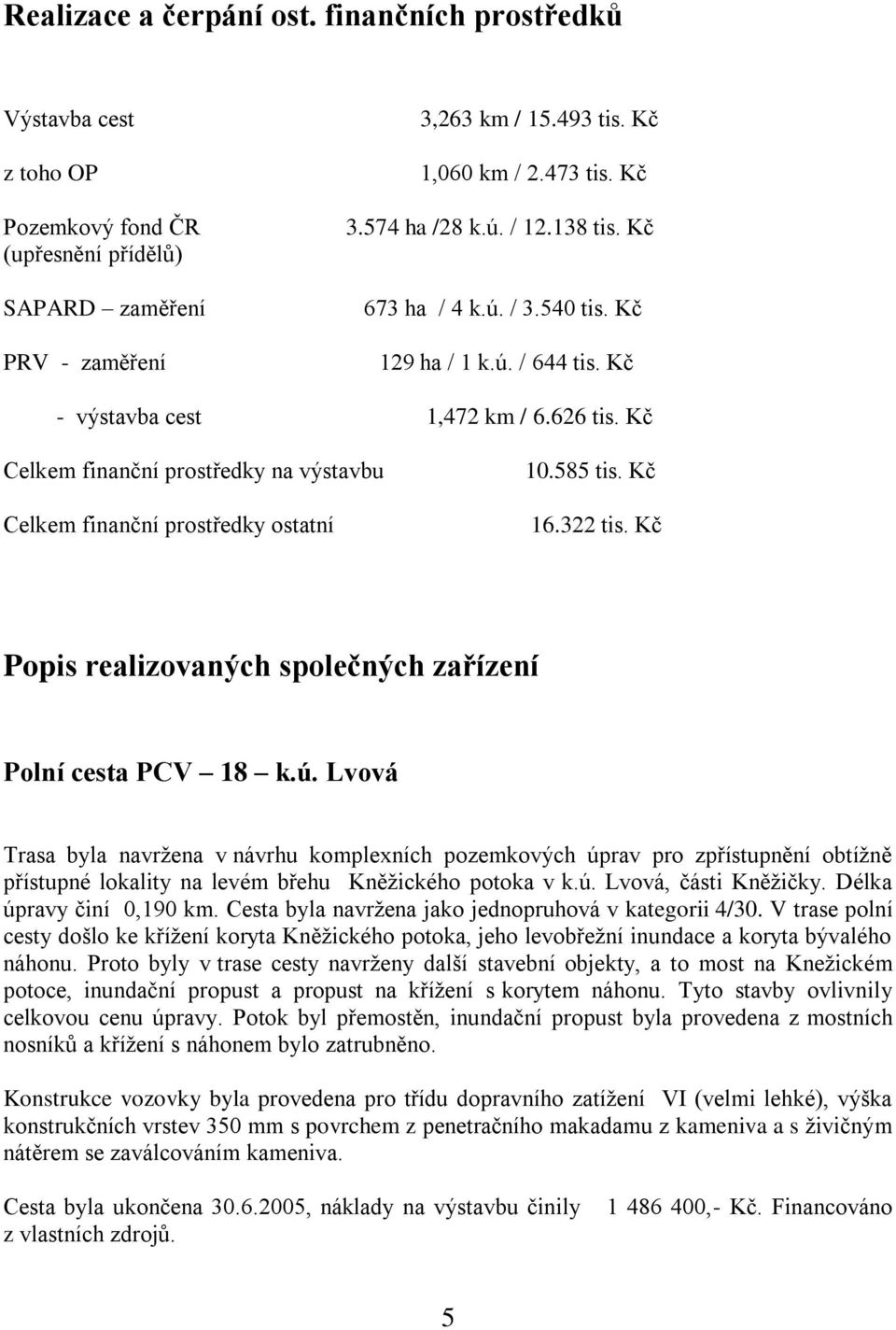 Kč Celkem finanční prostředky na výstavbu Celkem finanční prostředky ostatní 10.585 tis. Kč 16.322 tis. Kč Popis realizovaných společných zařízení Polní cesta PCV 18 k.ú.