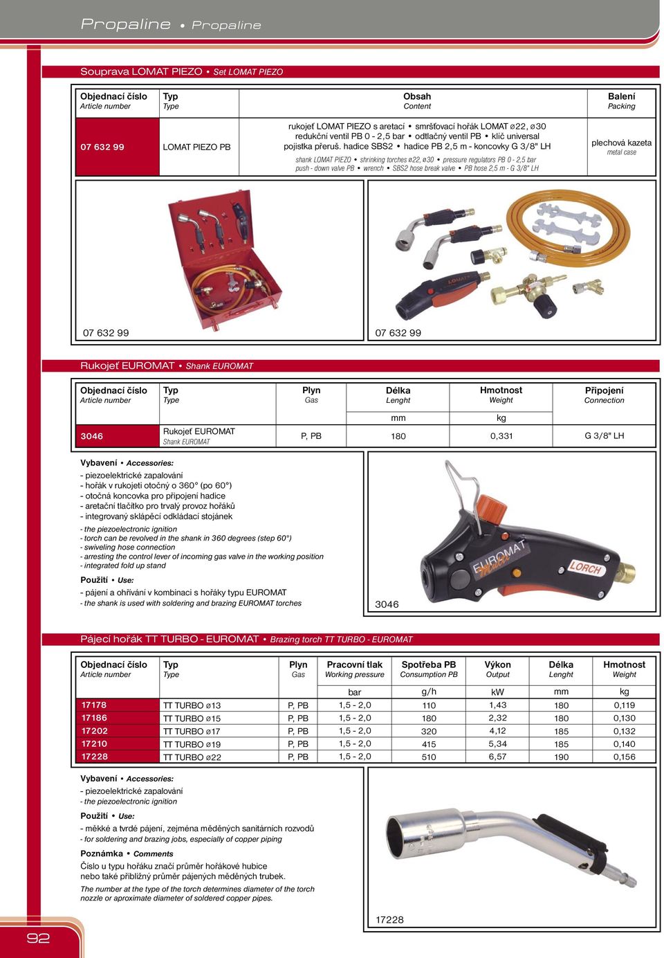 hadice SBS2 hadice PB 2,5 m - koncovky ø ø shank LOMAT PIEZO shrinking torches 22, 30 pressure regulators PB 0-2,5 bar push - down valve PB wrench SBS2 hose break valve PB hose 2,5 m - plechová