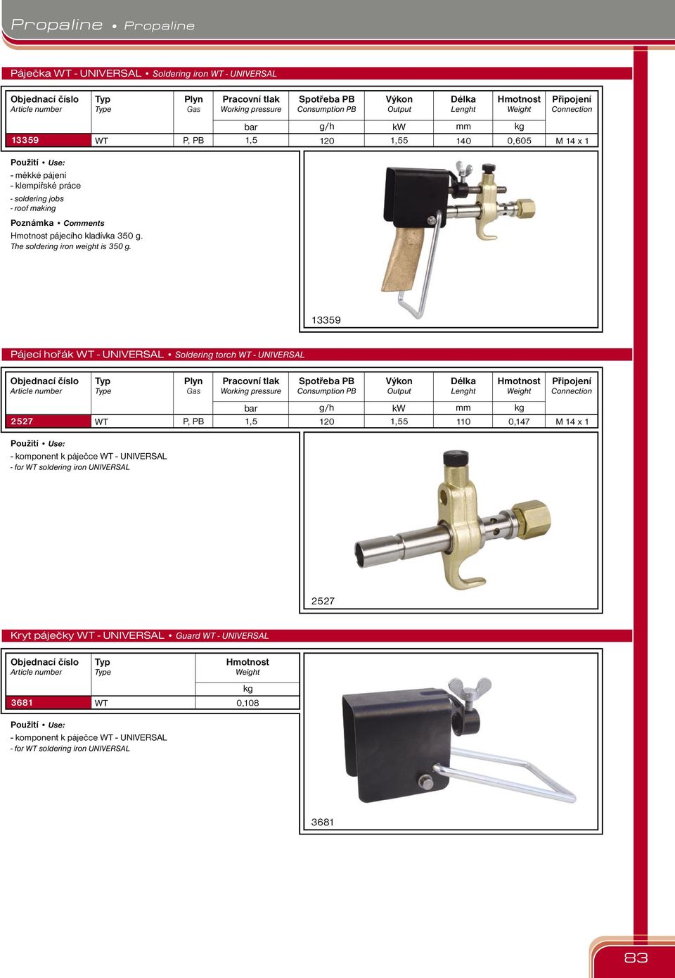 1,5 120 1,55 140 0,605 13359 Pájecí hořák WT - UNIVERSAL Soldering torch WT - UNIVERSAL 2527 WT - komponent k páječce WT -