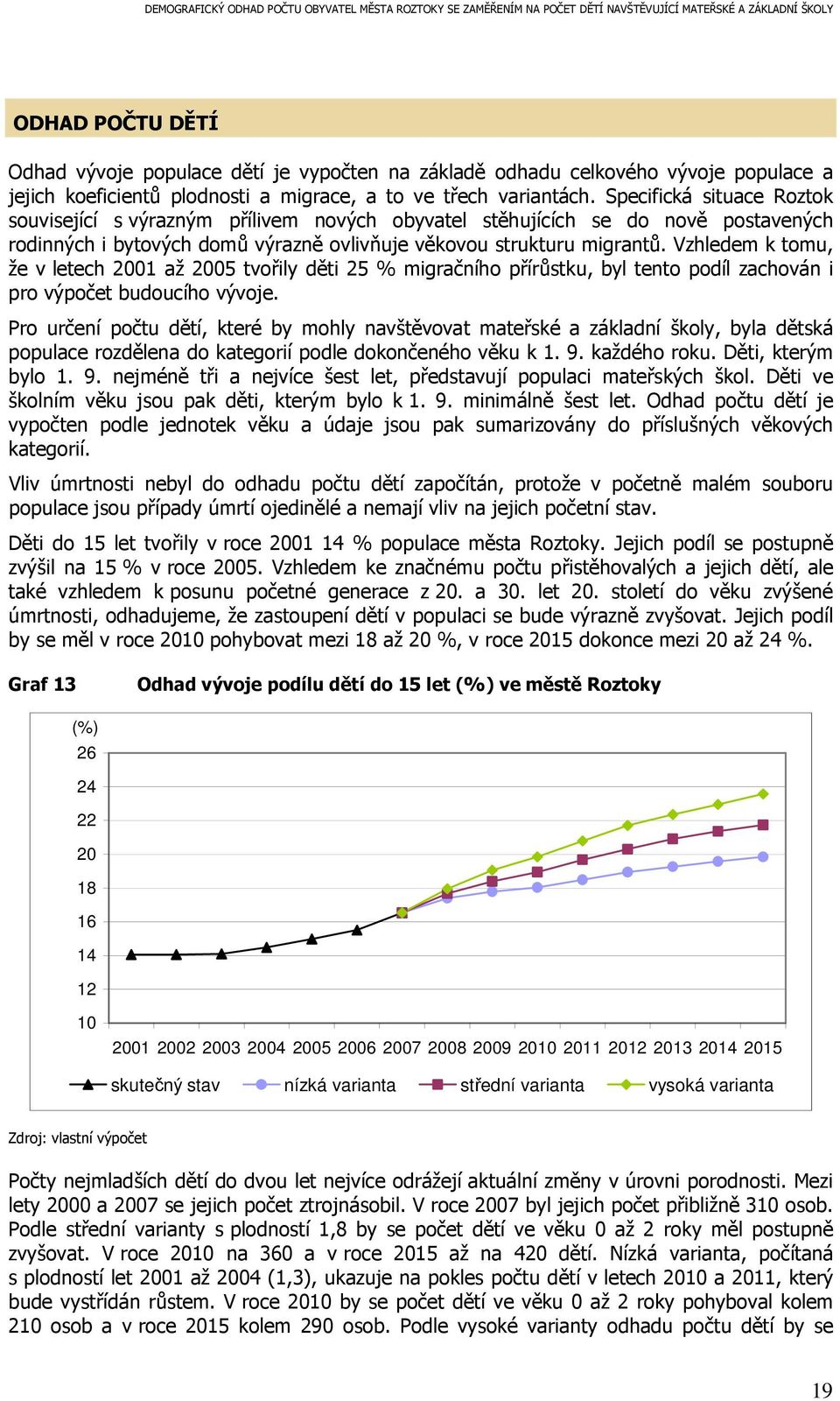 Vzhledem k tomu, že v letech 2001 až 2005 tvořily děti 25 % migračního přírůstku, byl tento podíl zachován i pro výpočet budoucího vývoje.