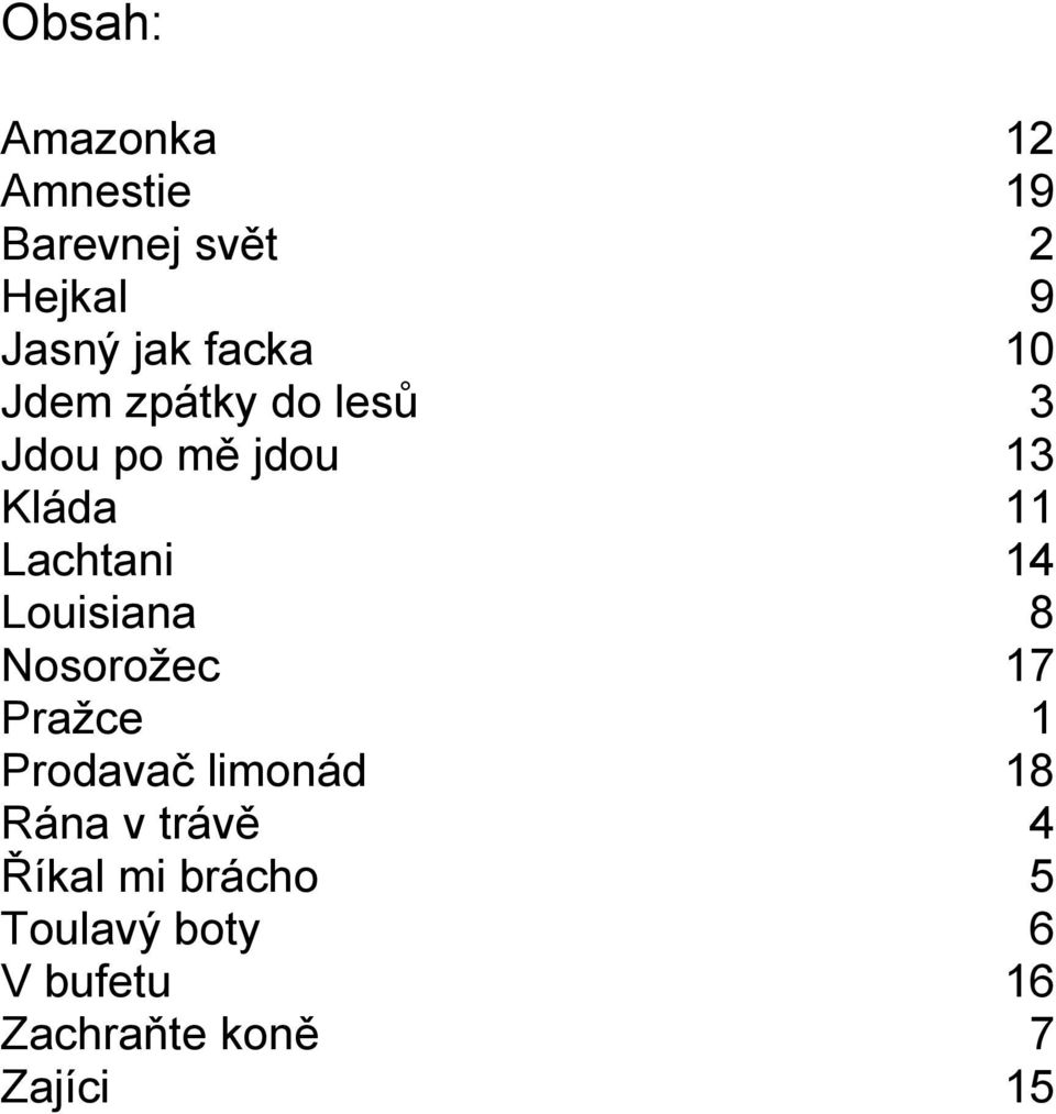 14 Louisiana 8 Nosorožec 17 Pražce 1 Prodavač limonád 18 Rána v