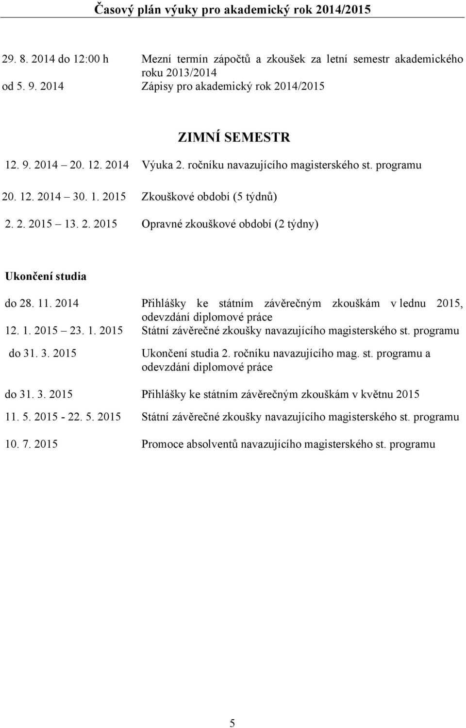 2. 2015 Opravné zkouškové období (2 týdny) Ukončení studia do 28. 11. 2014 Přihlášky ke státním závěrečným zkouškám v lednu 2015, odevzdání diplomové práce 12. 1. 2015 23. 1. 2015 Státní závěrečné zkoušky navazujícího magisterského st.