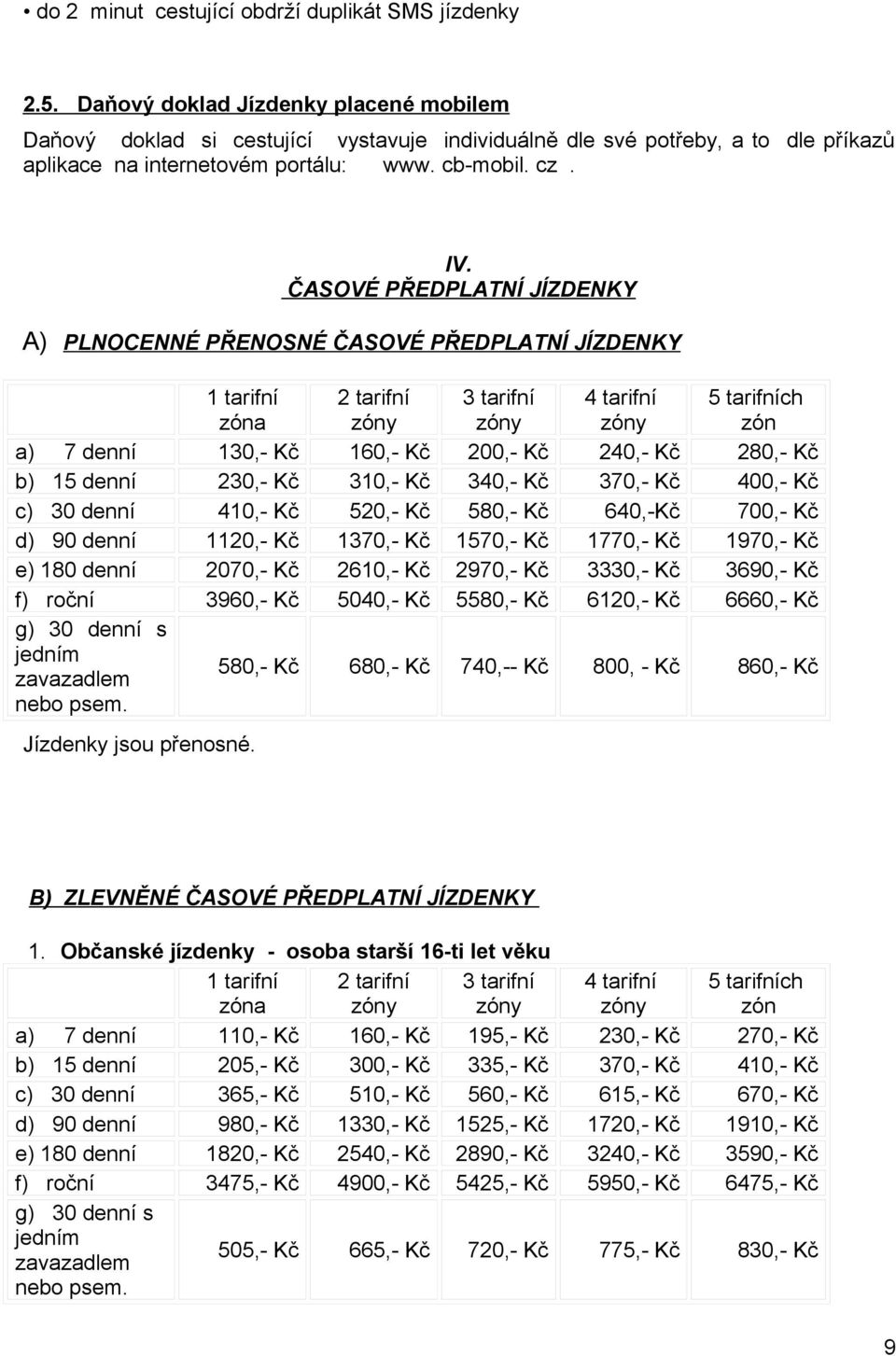 ČASOVÉ PŘEDPLATNÍ JÍZDENKY A) PLNOCENNÉ PŘENOSNÉ ČASOVÉ PŘEDPLATNÍ JÍZDENKY 1 tarifní zóna 2 tarifní 3 tarifní 4 tarifní 5 tarifních zón a) 7 denní 130,- Kč 160,- Kč 200,- Kč 240,- Kč 280,- Kč b) 15