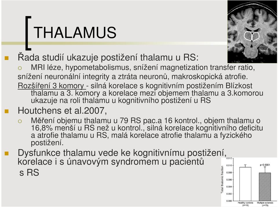 komorou ukazuje na roli thalamu u kognitivního postižení u RS Houtchens et al.2007, Měření objemu thalamu u 79 RS pac.a 16 kontrol.